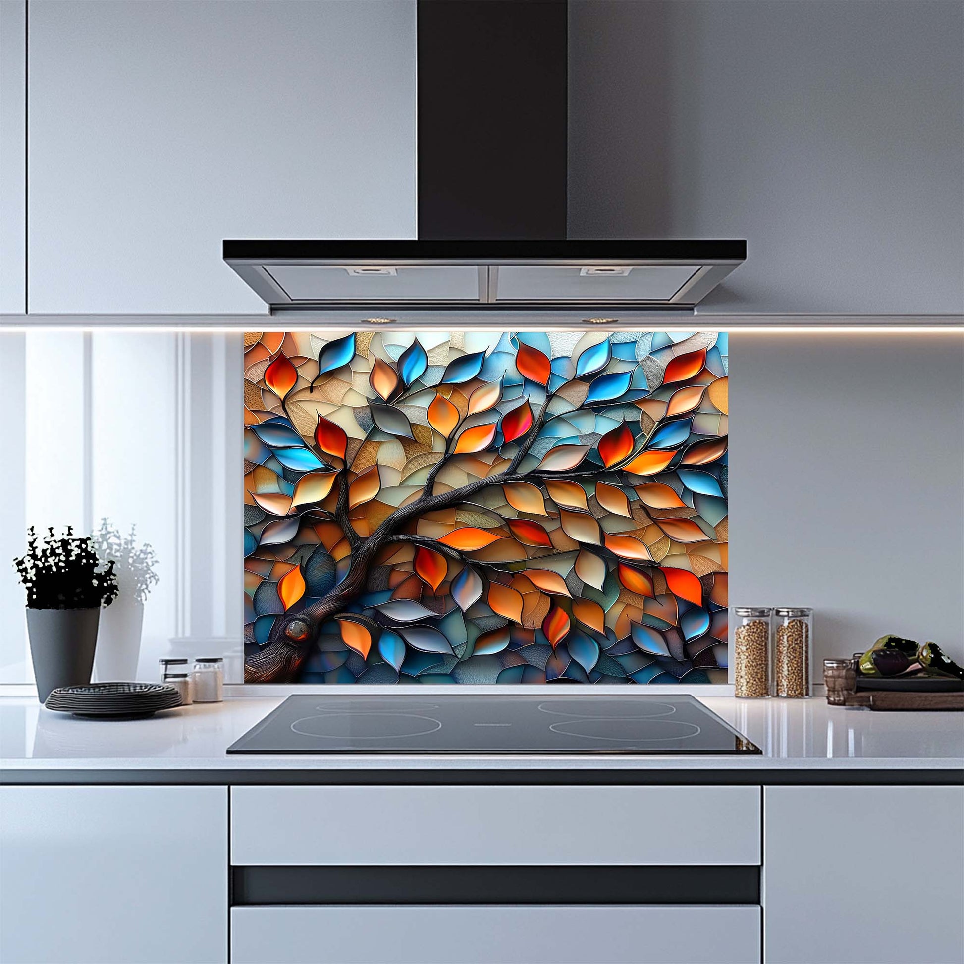 Kitchen with a colorful glass backsplash above a stove.
