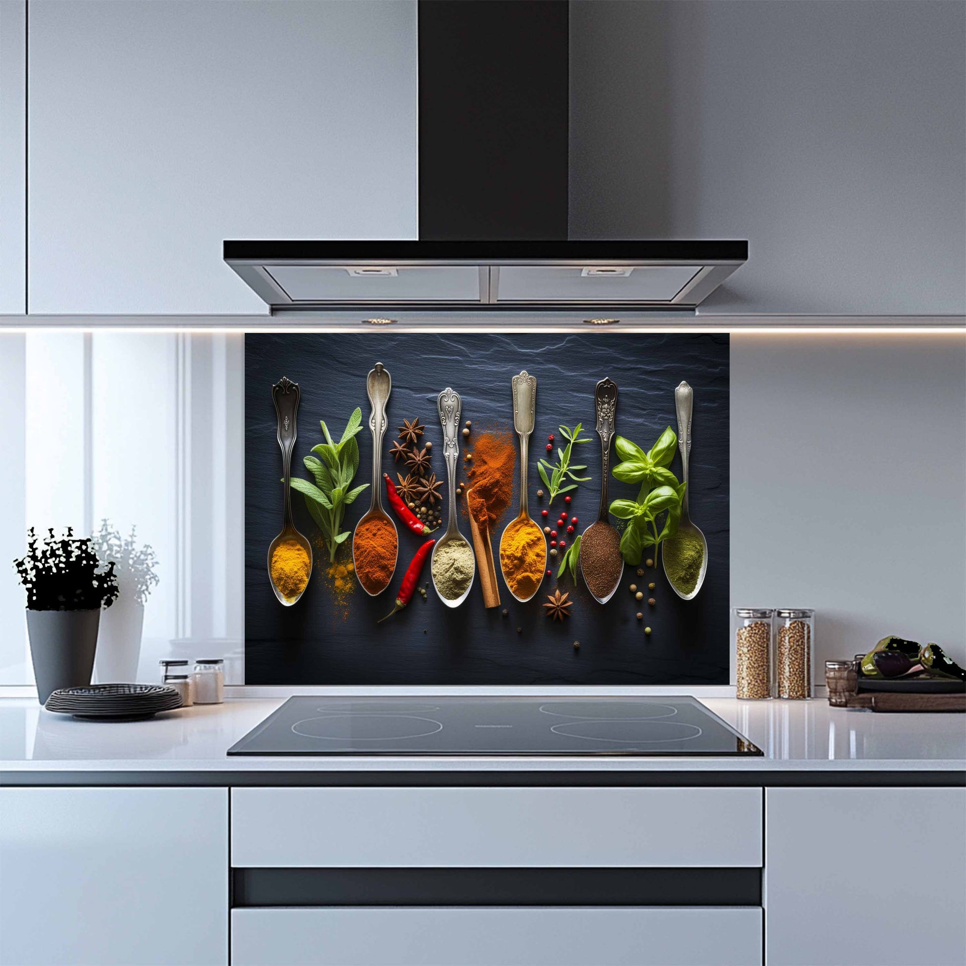 Kitchen backsplash with spoons and spices design above a stove.