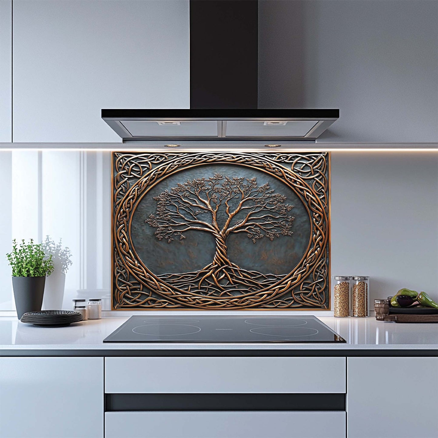 Decorative kitchen backsplash with tree design in a modern kitchen.