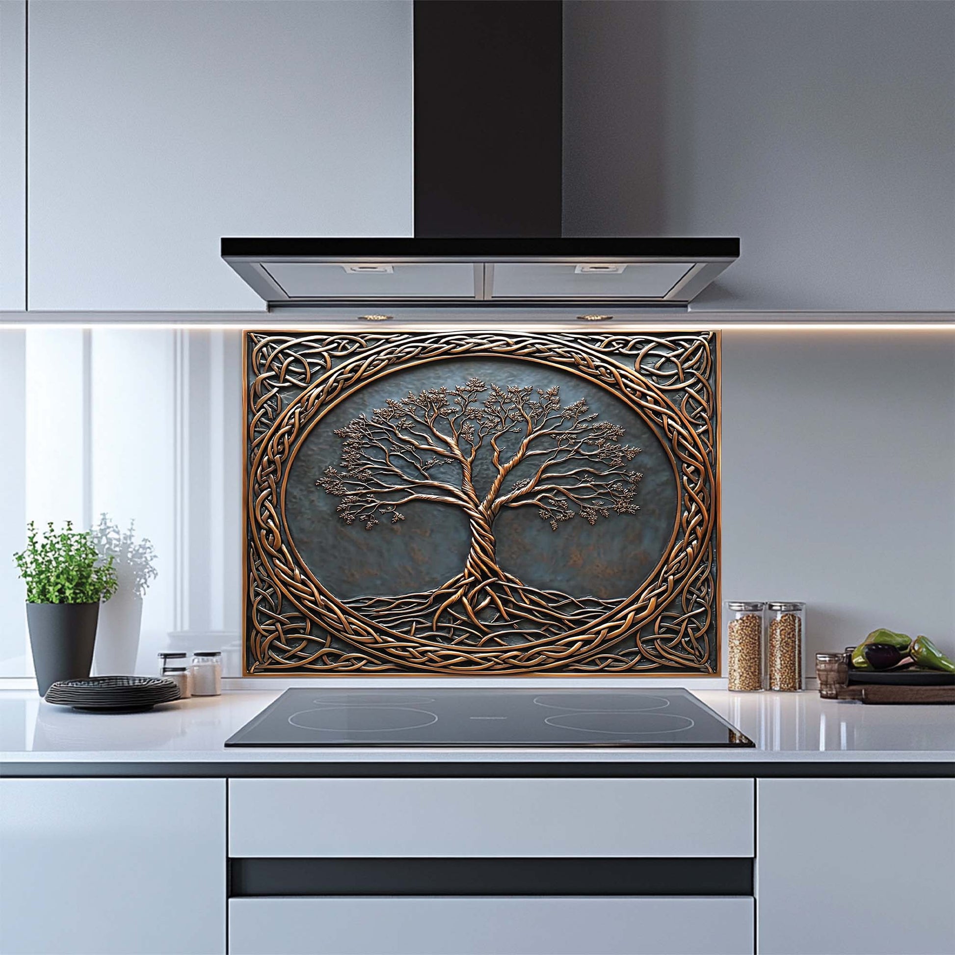 Decorative kitchen backsplash with tree design in a modern kitchen.
