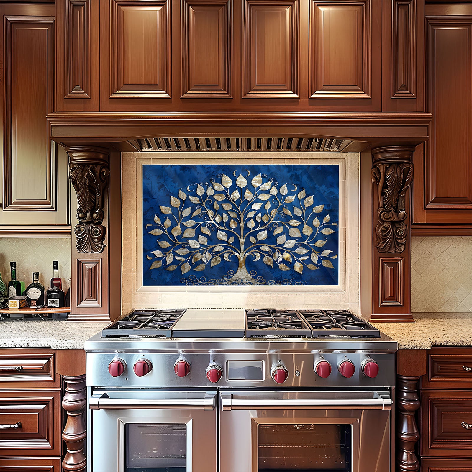 Stainless steel oven with decorative backsplash in a kitchen setting
