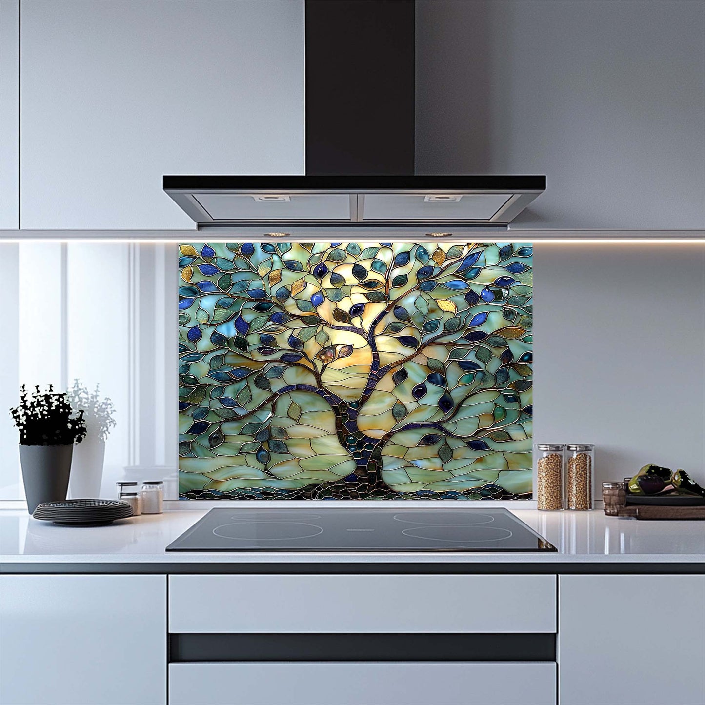 Kitchen with a decorative glass splashback featuring a tree design.