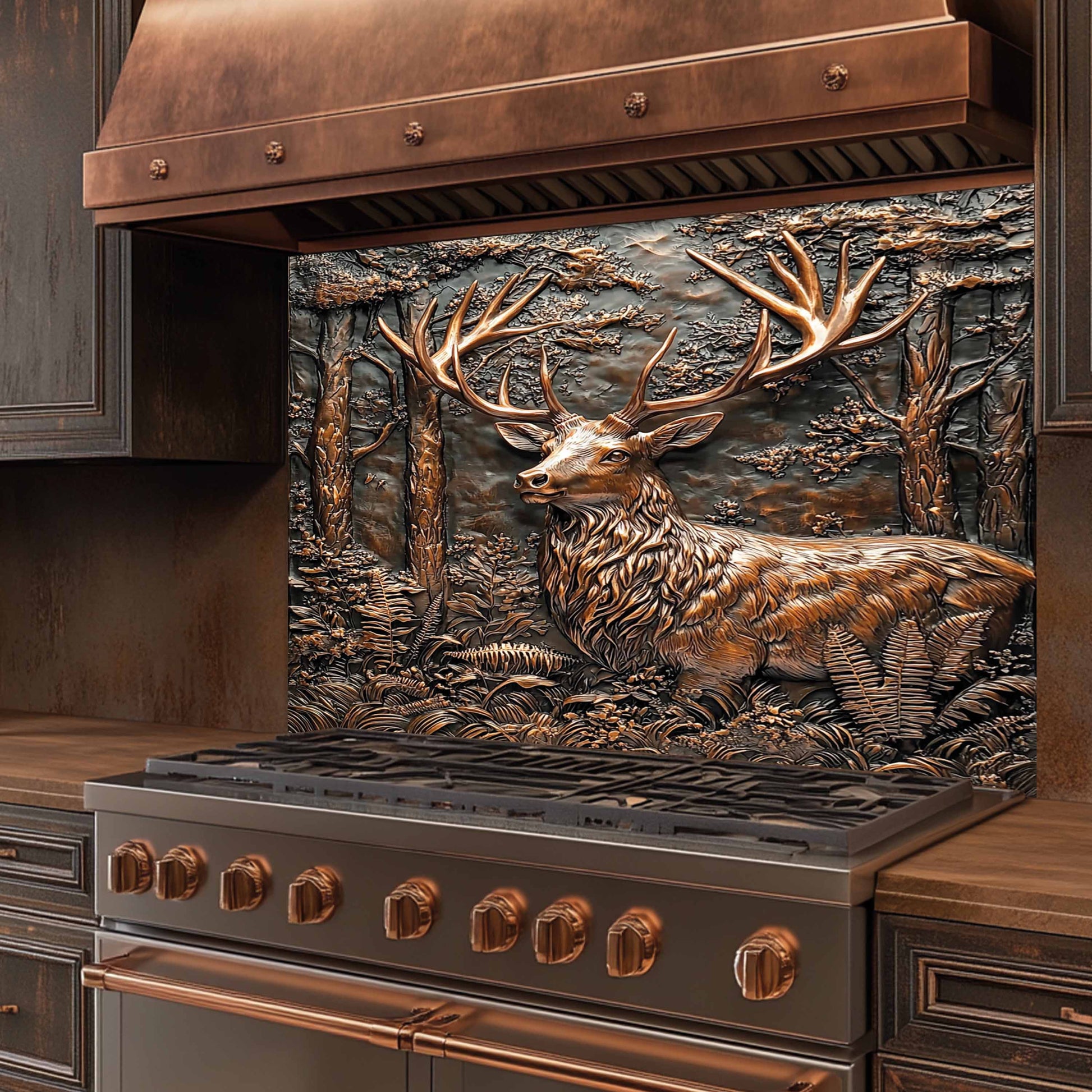 Stainless steel stove with copper accents featuring a deer in a forest design on the back splash.