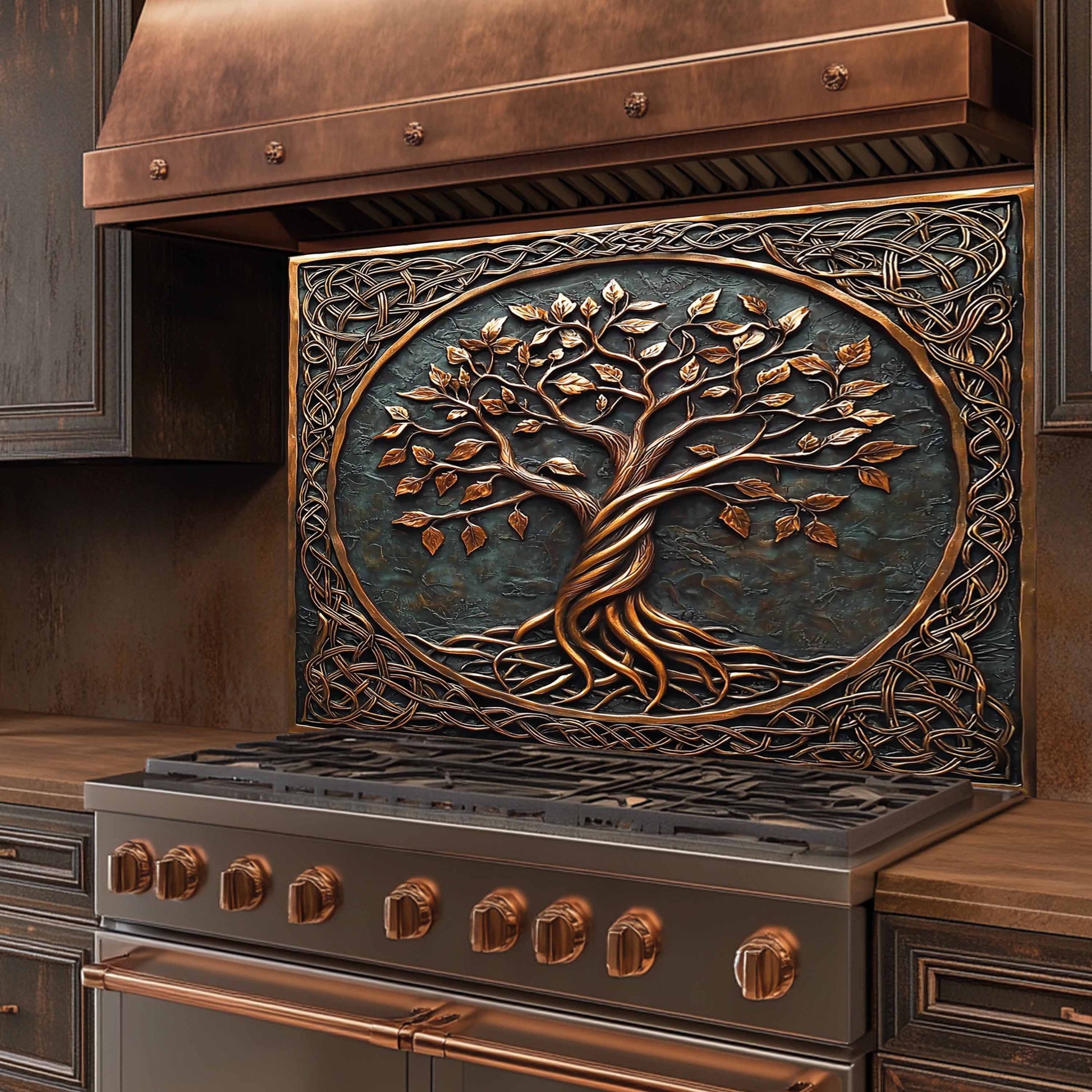 Back splash behind stove with a tree design on the front panel