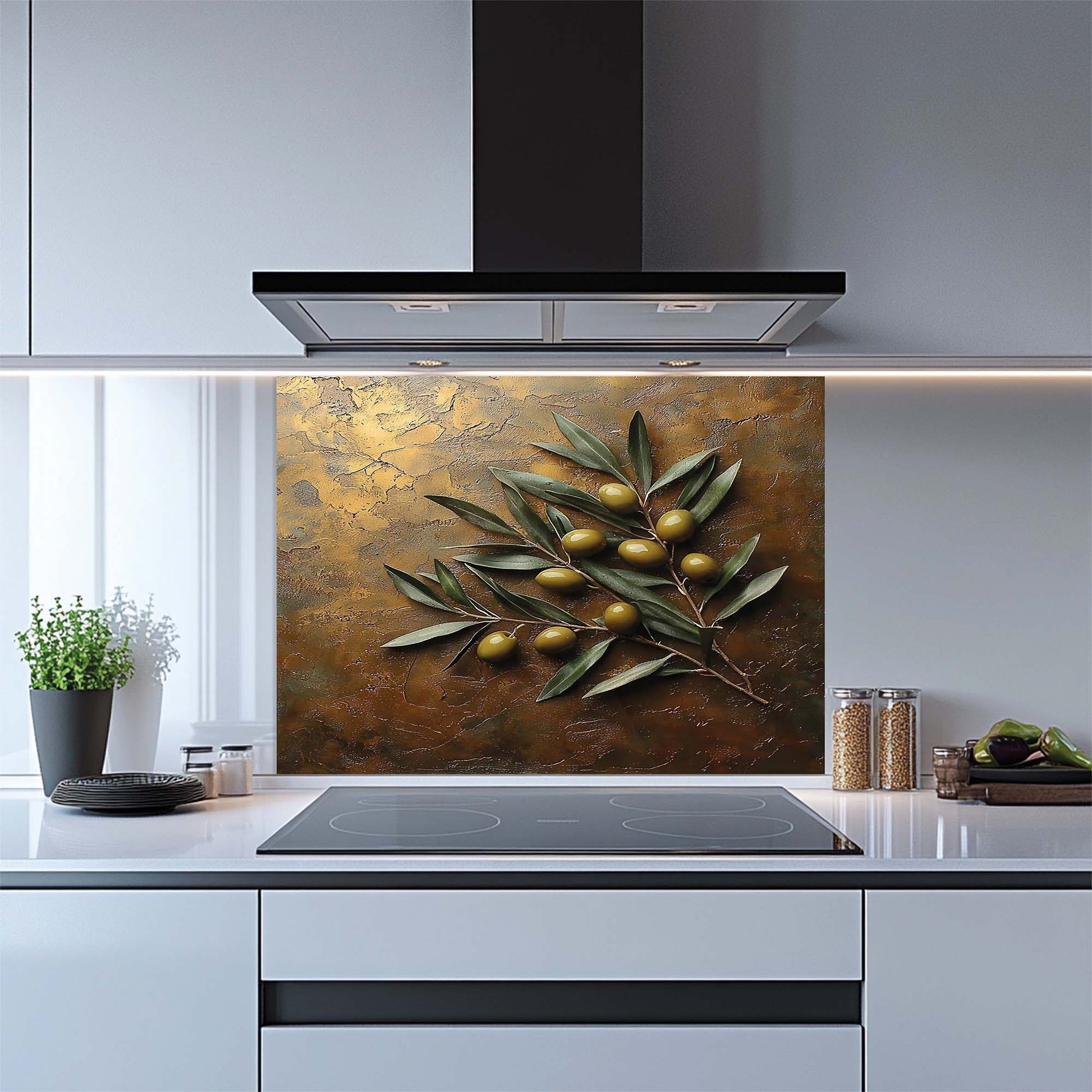 Kitchen with a decorative backsplash featuring an olive branch design.