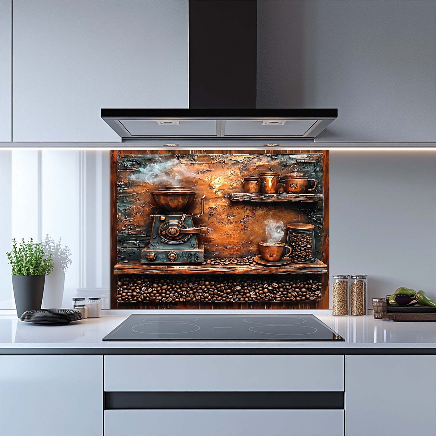 Kitchen with a decorative glass splashback featuring a coffee theme.