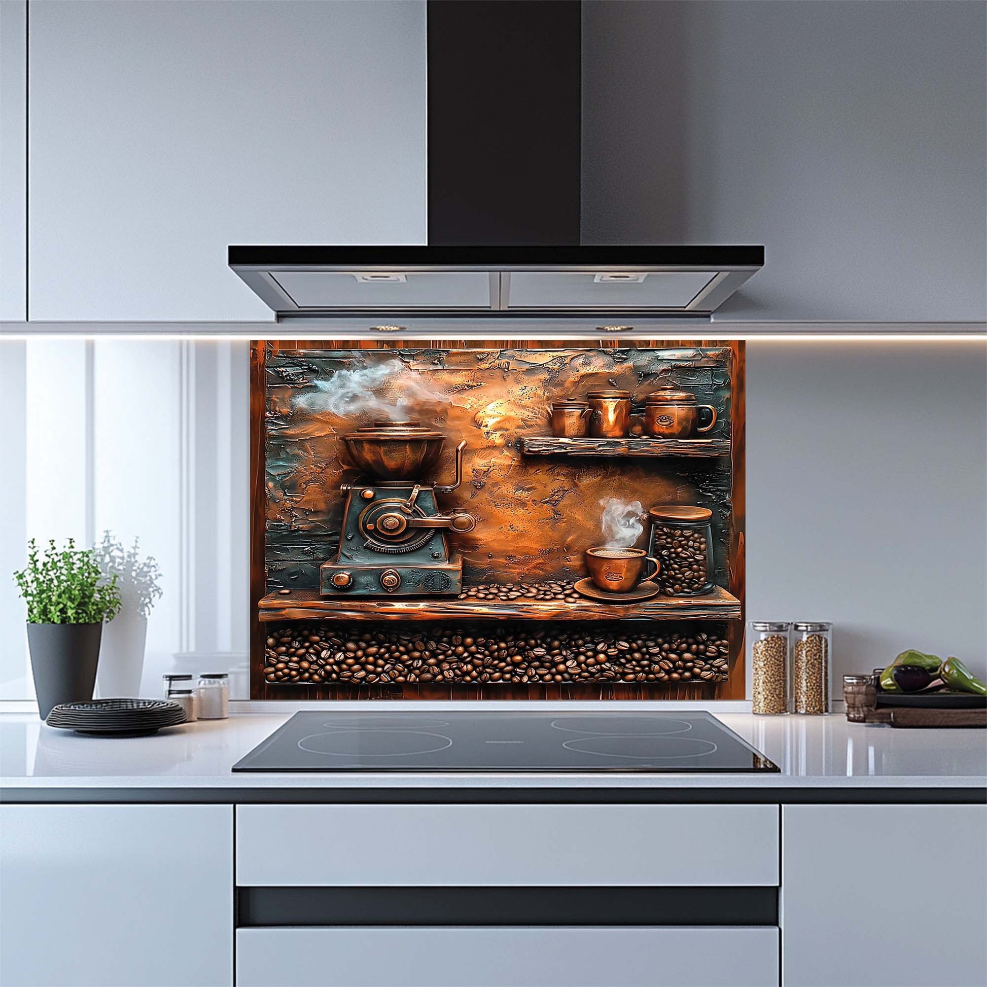 Kitchen with a decorative glass splashback featuring a coffee theme.