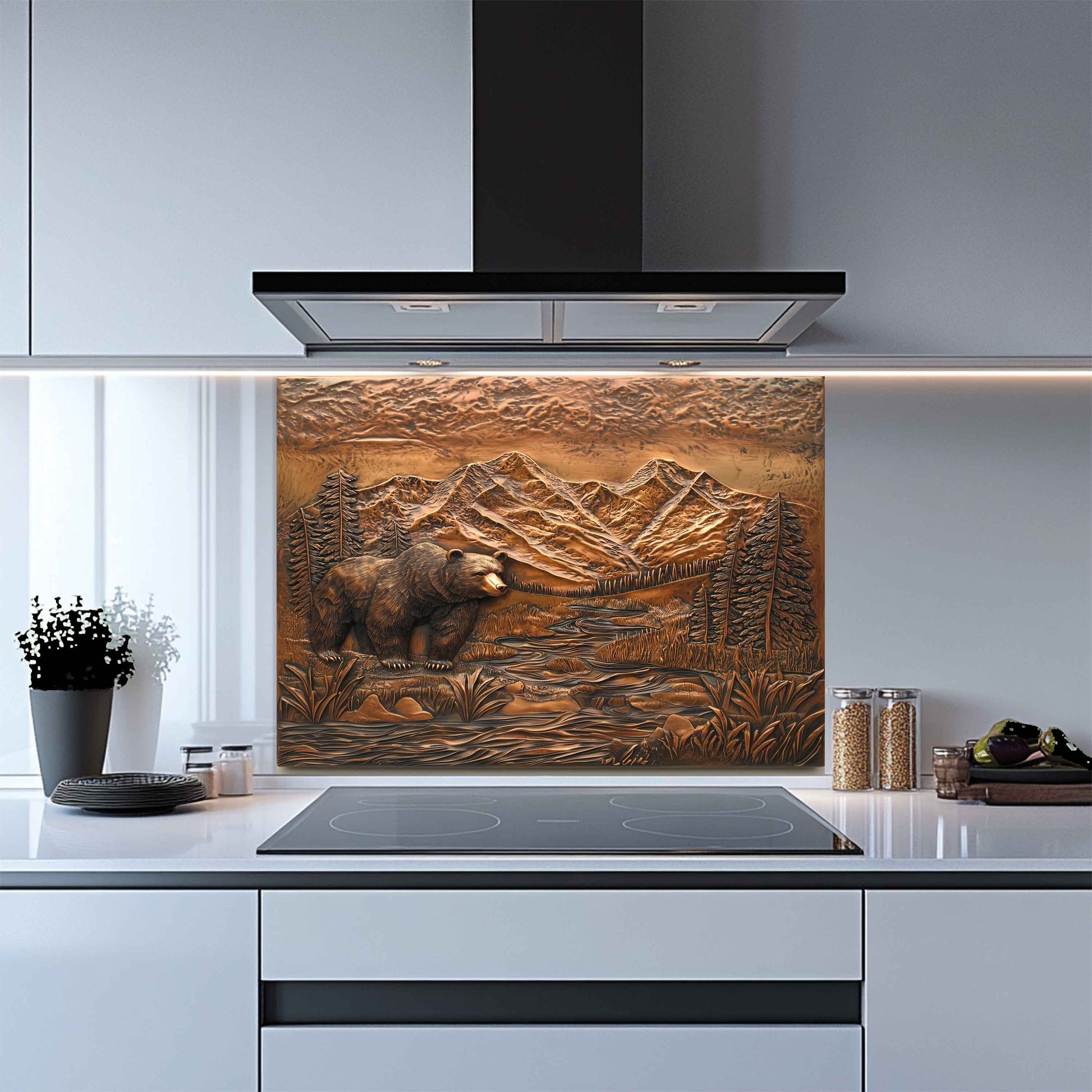 Kitchen with a decorative glass splashback featuring a bear and mountain landscape.