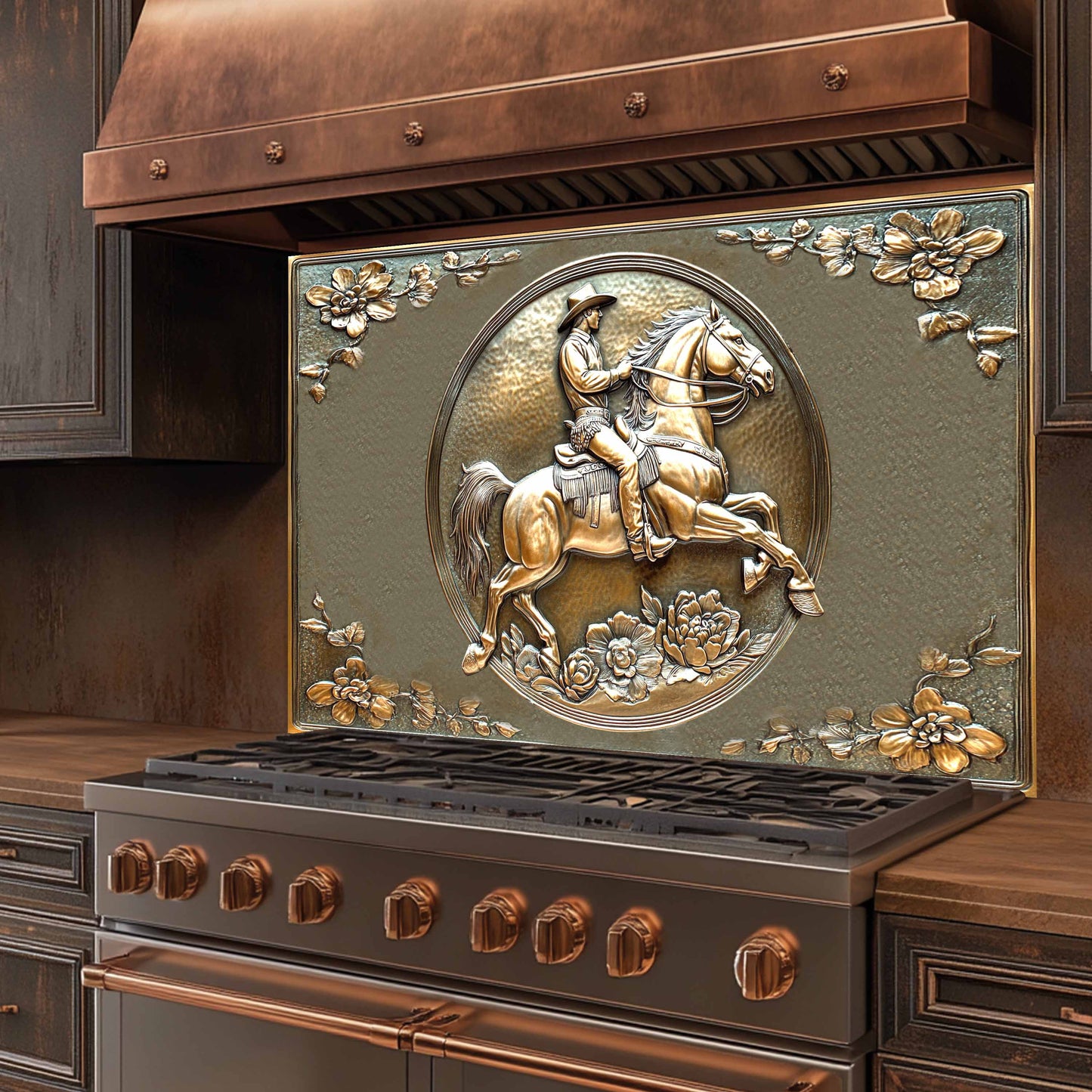 Decorative stove with a cowboy and horse design on the back splash