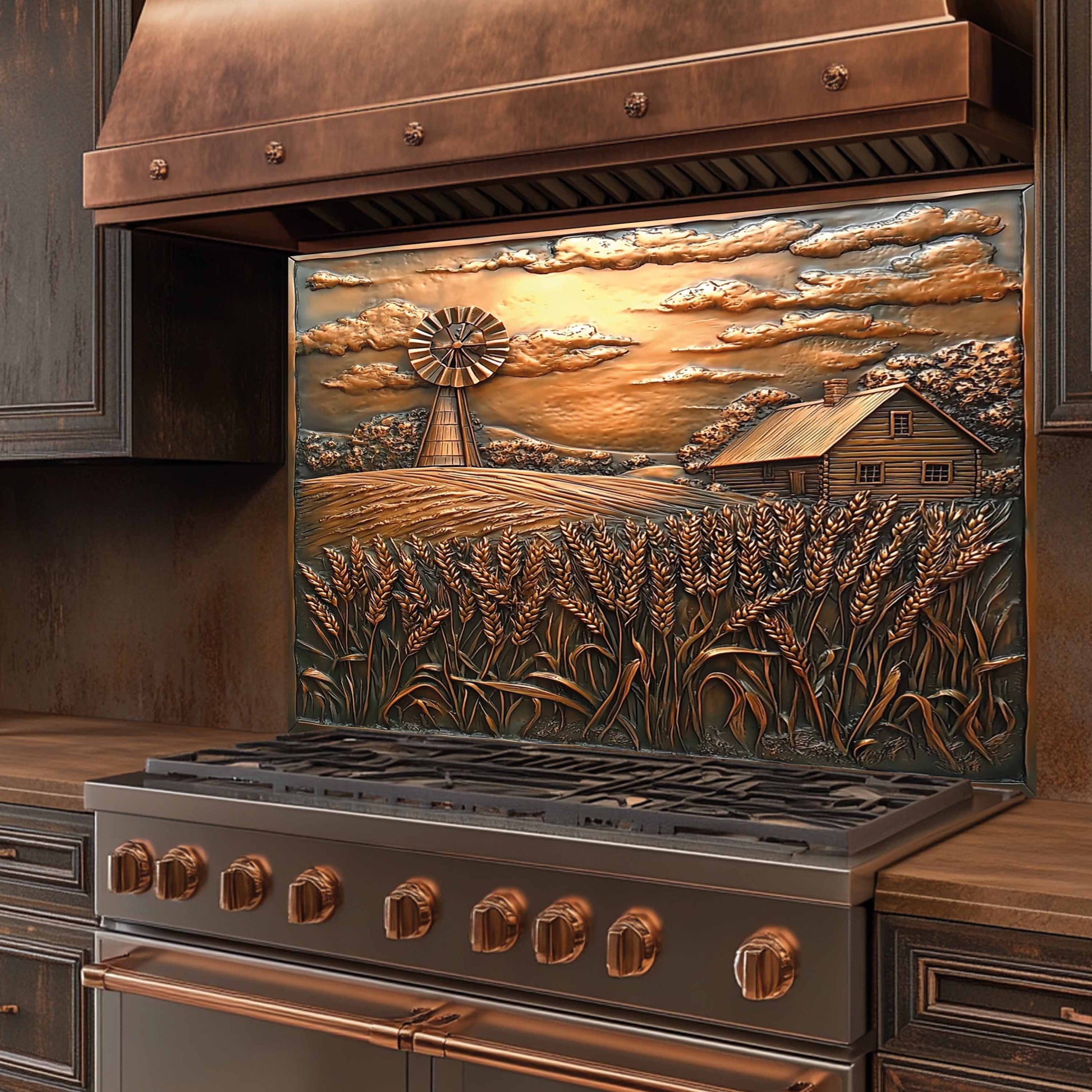 Decorative stove back splash with a windmill and barn design in a rustic setting.