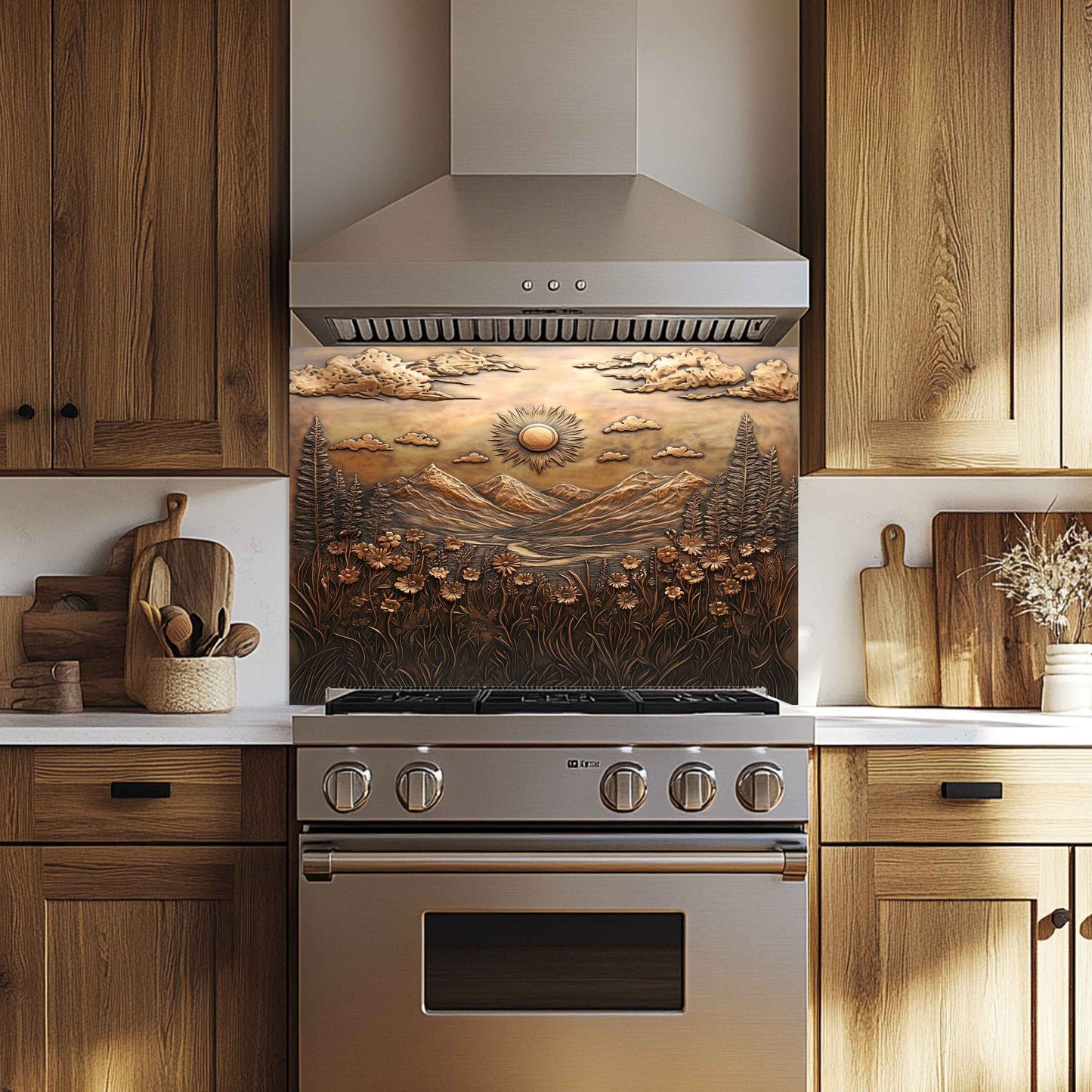 Kitchen with wooden cabinets, a decorative backsplash, and stainless steel appliances.