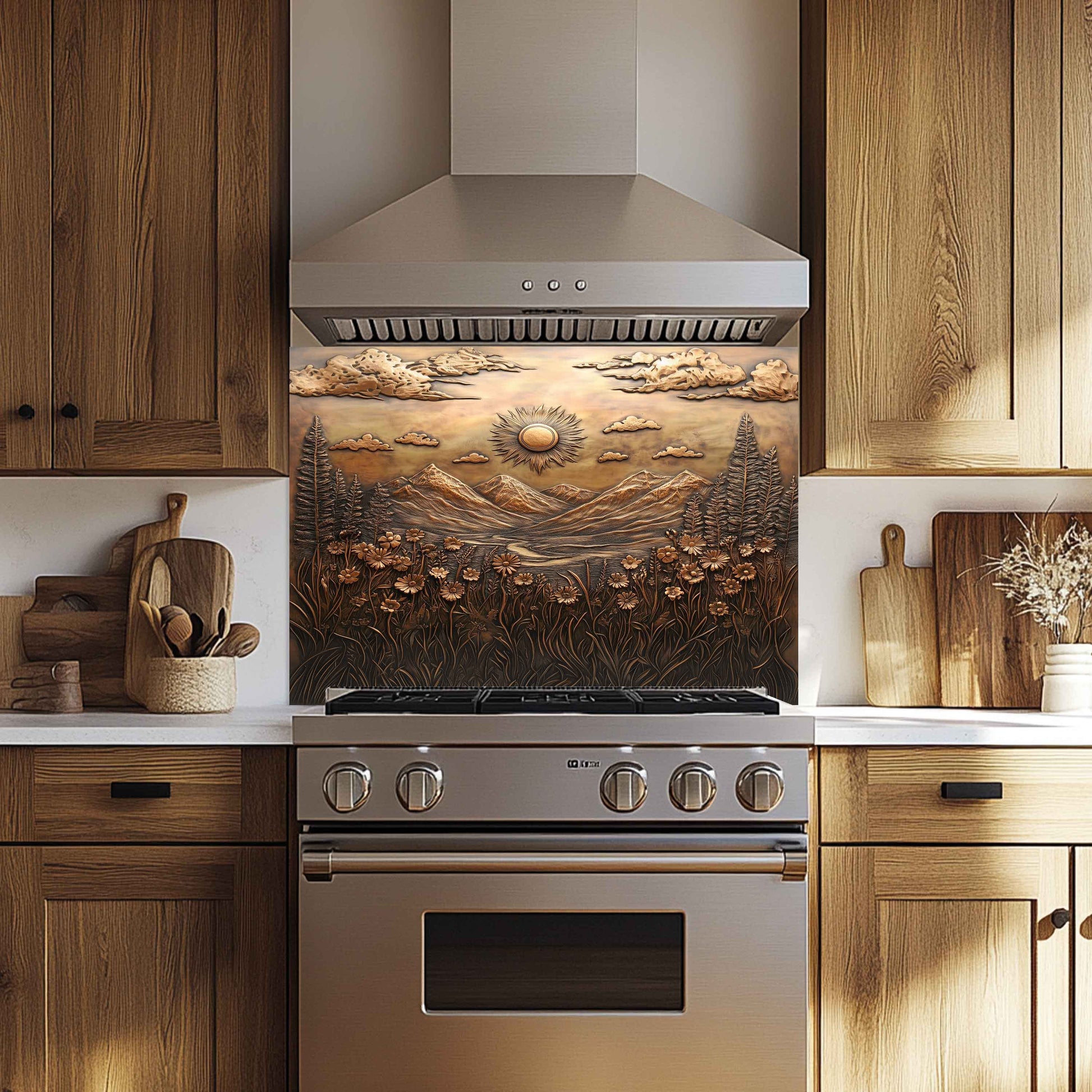 Kitchen with wooden cabinets, a decorative backsplash, and stainless steel appliances.