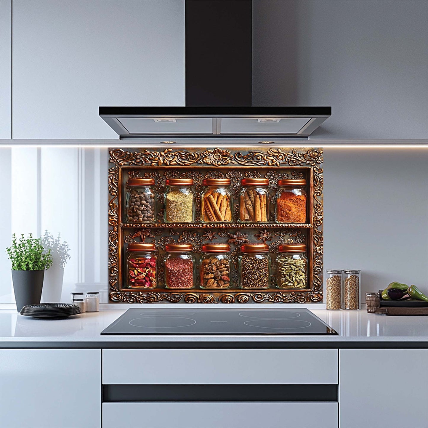 Decorative glass backsplash with jars of spices in a modern kitchen