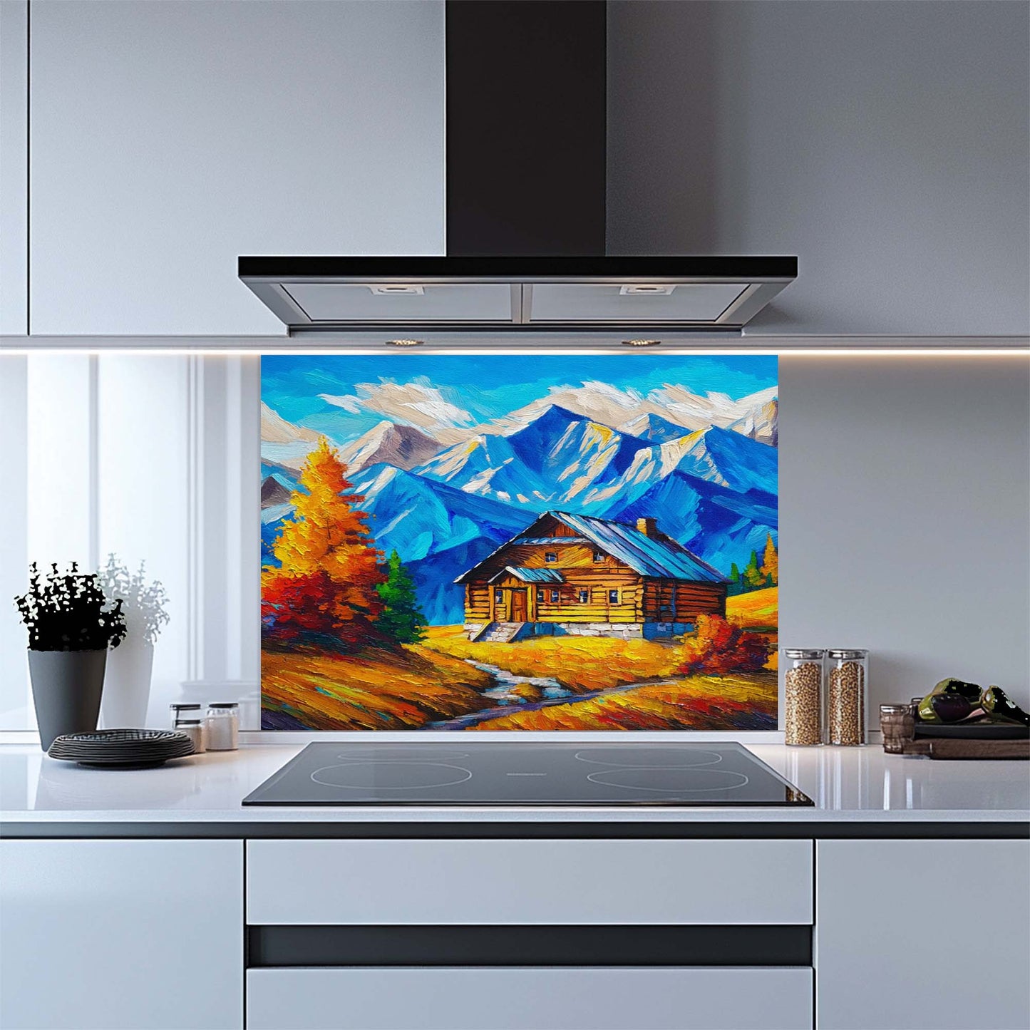 Kitchen with a colorful mountain scene glass backsplash