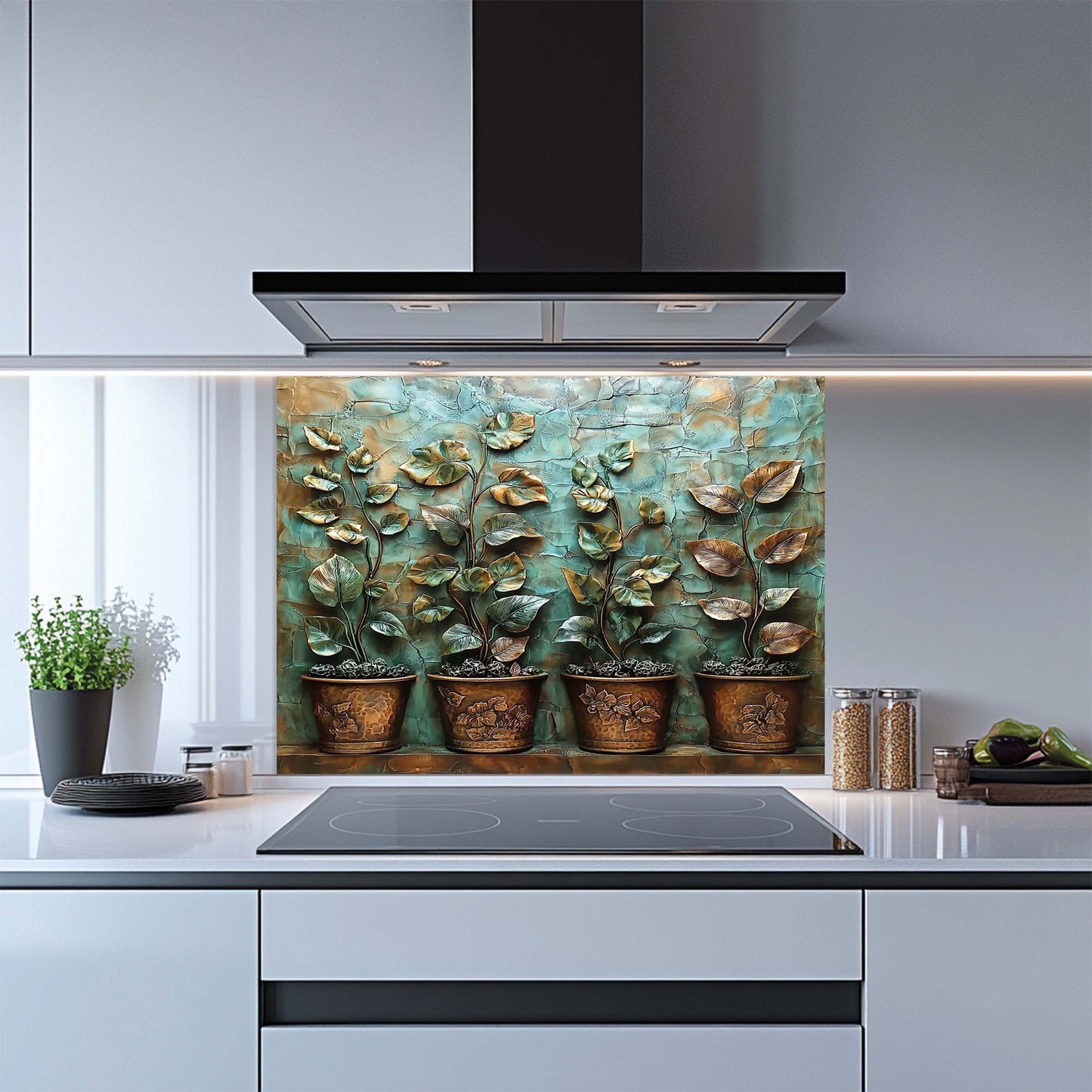 Kitchen with a decorative glass splashback featuring potted plants.
