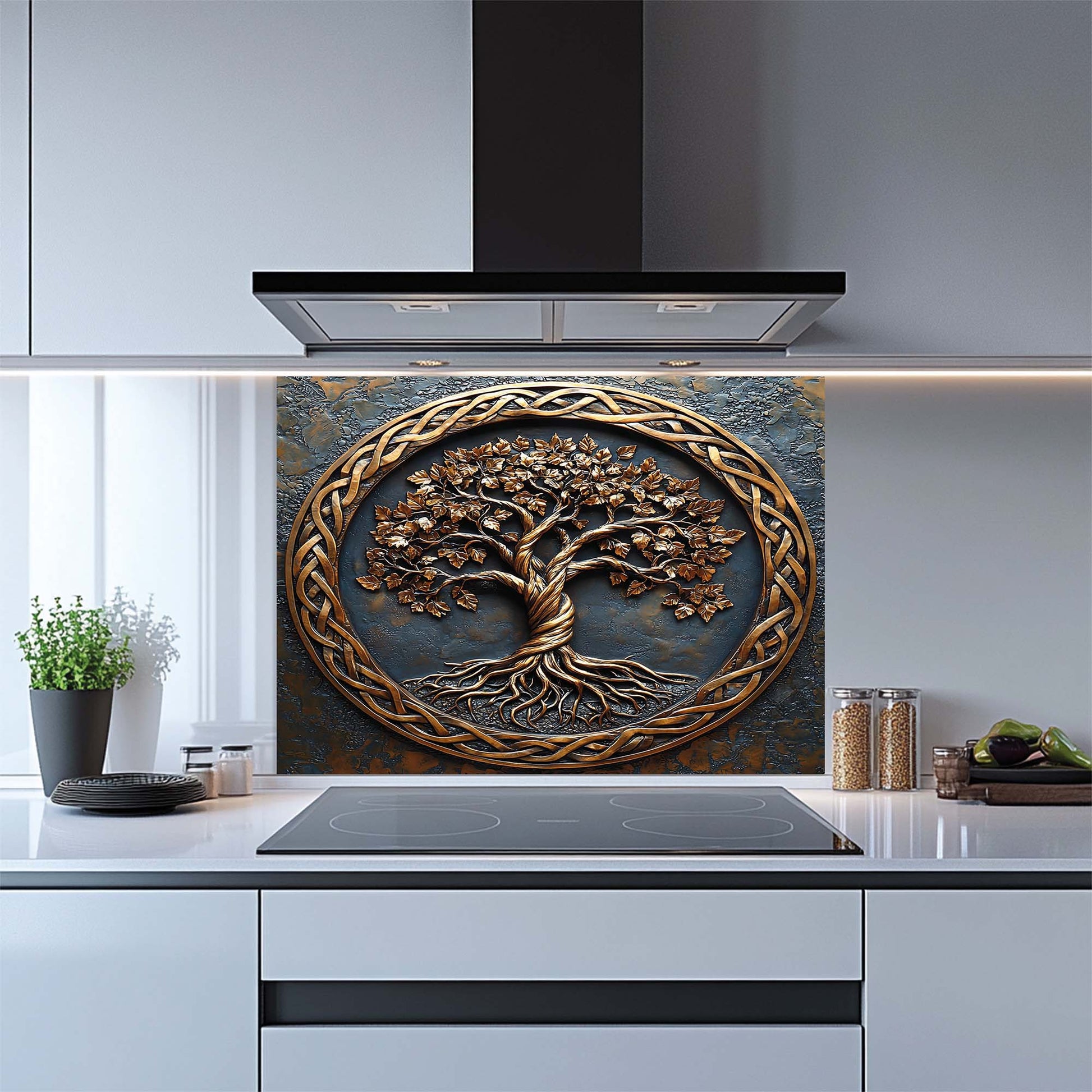 Decorative kitchen backsplash with tree design in a modern kitchen.