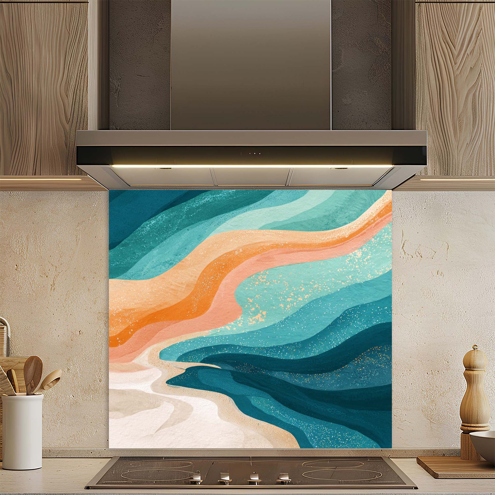 Kitchen backsplash with abstract blue and orange design