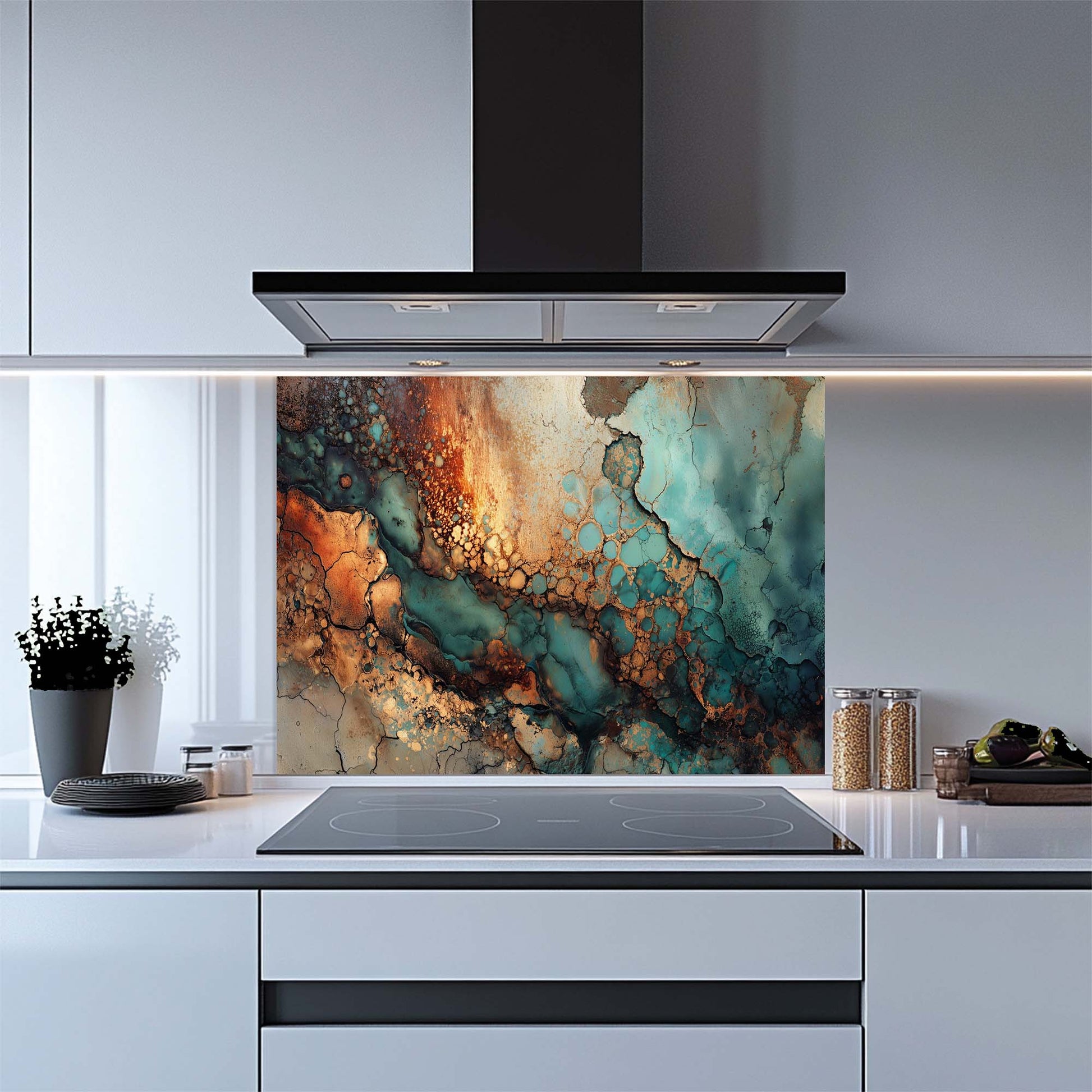 Modern kitchen with abstract art glass backsplash