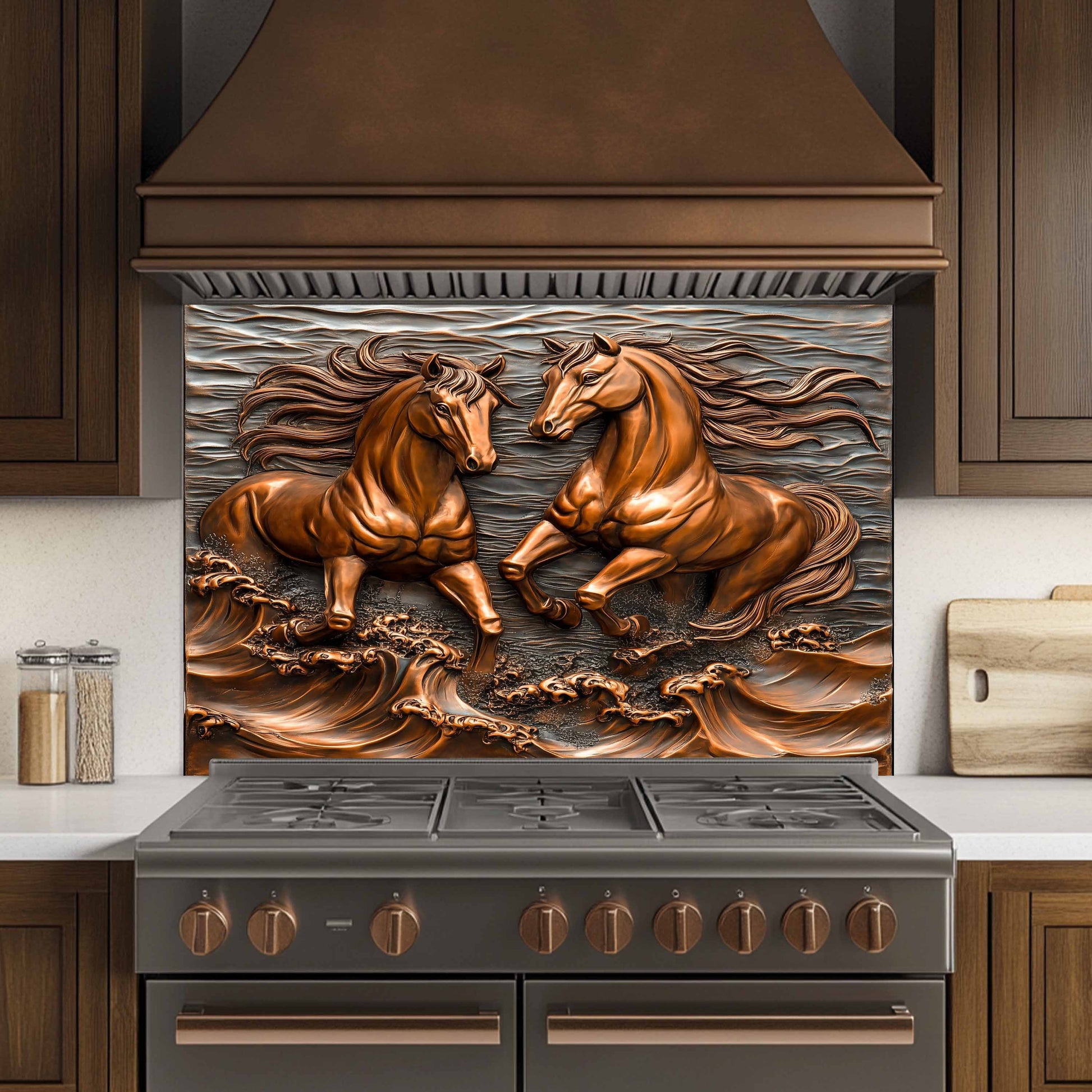 Decorative backsplash with horse design above a stove in a kitchen.
