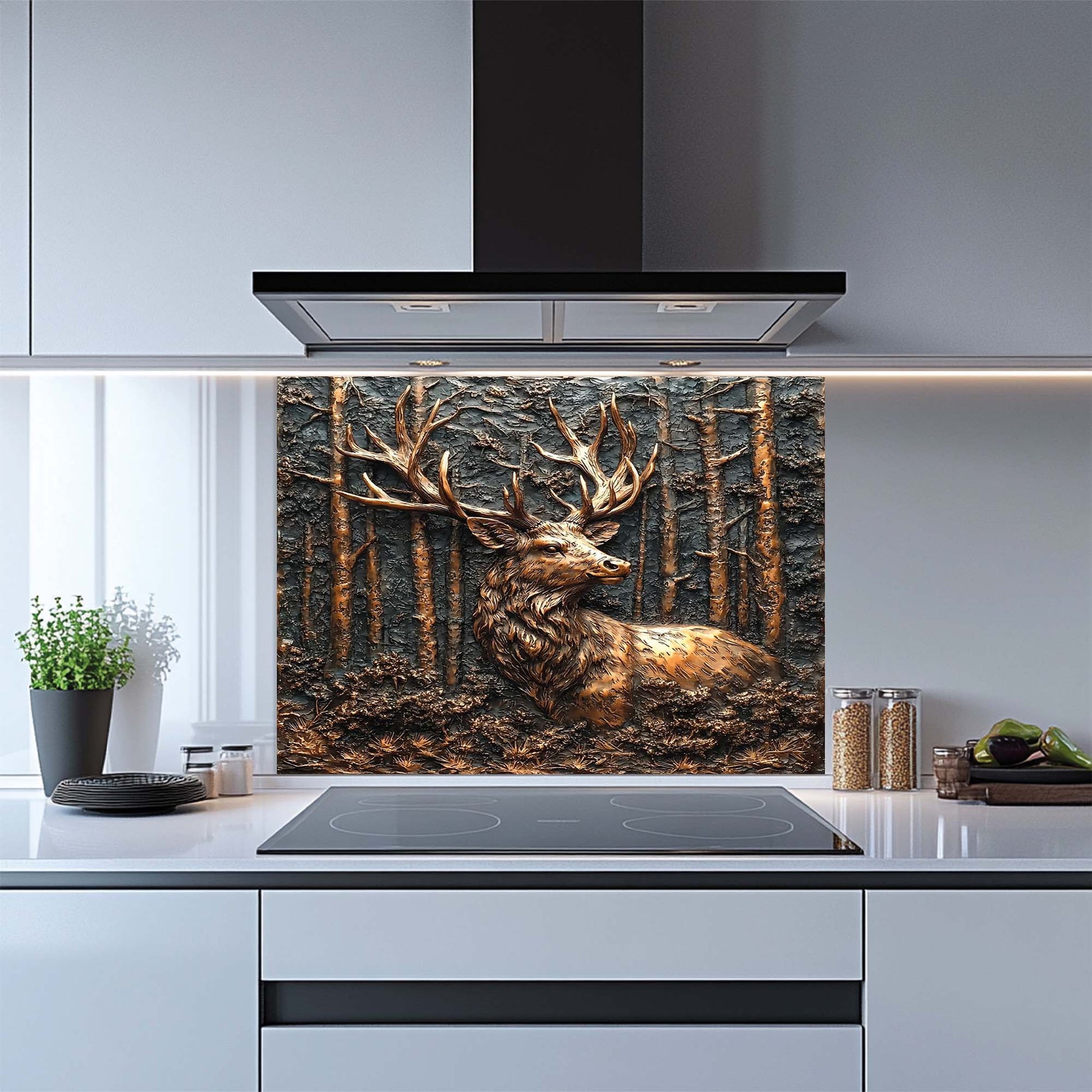 Kitchen with a decorative glass splashback featuring a deer in a forest design.