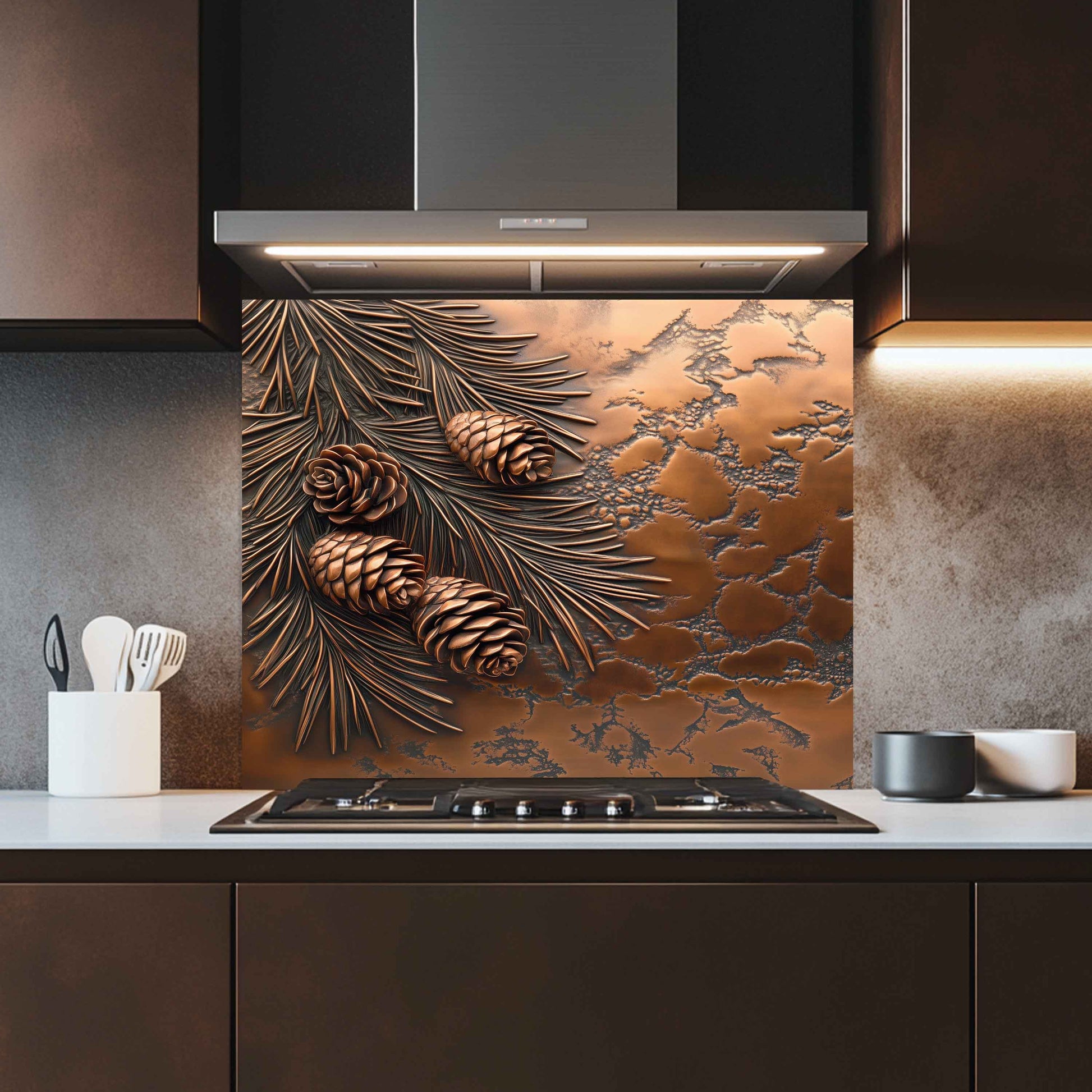 Kitchen with decorative backsplash featuring pinecones and leaves