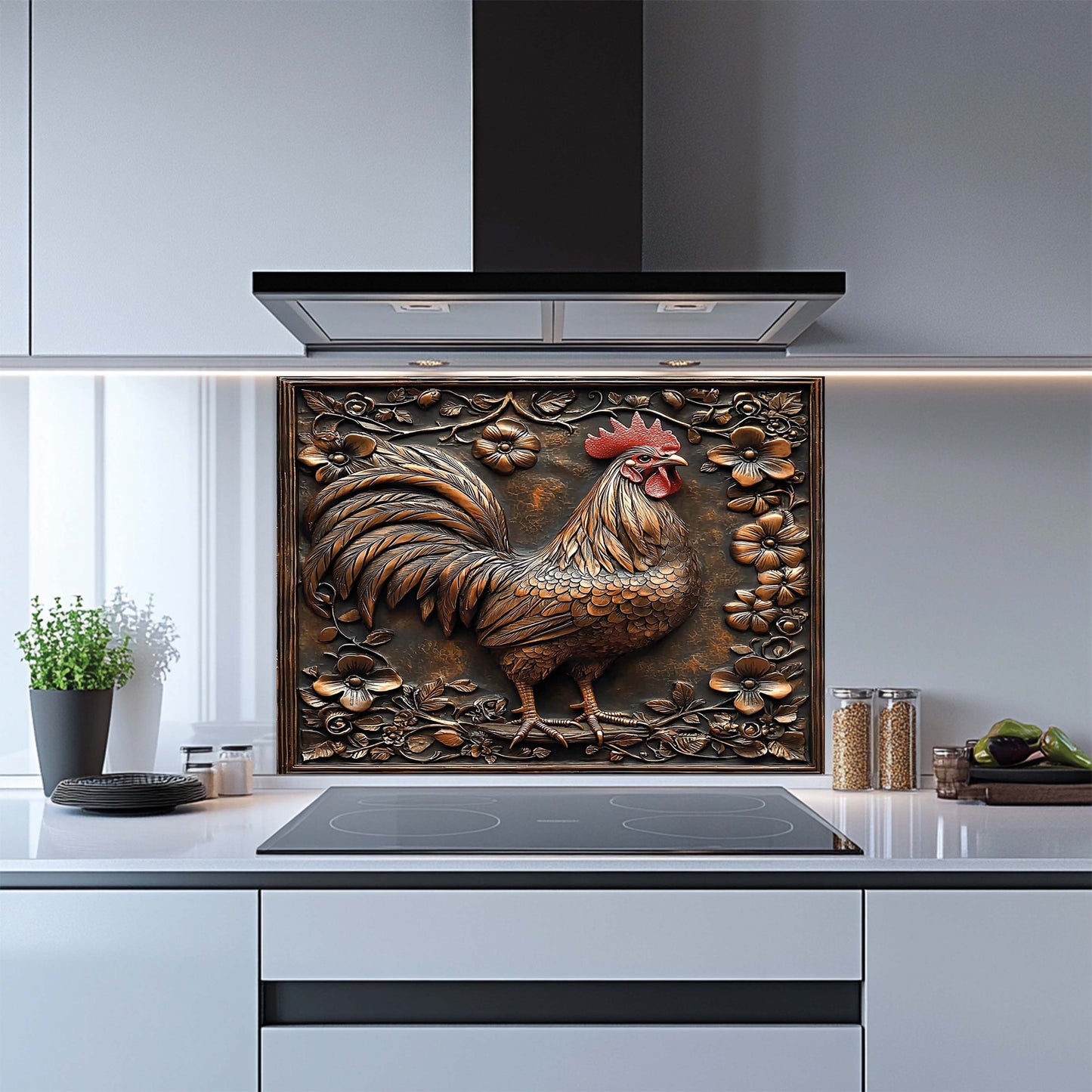 Decorative tempered glass backsplash of a rooster in a modern kitchen setting