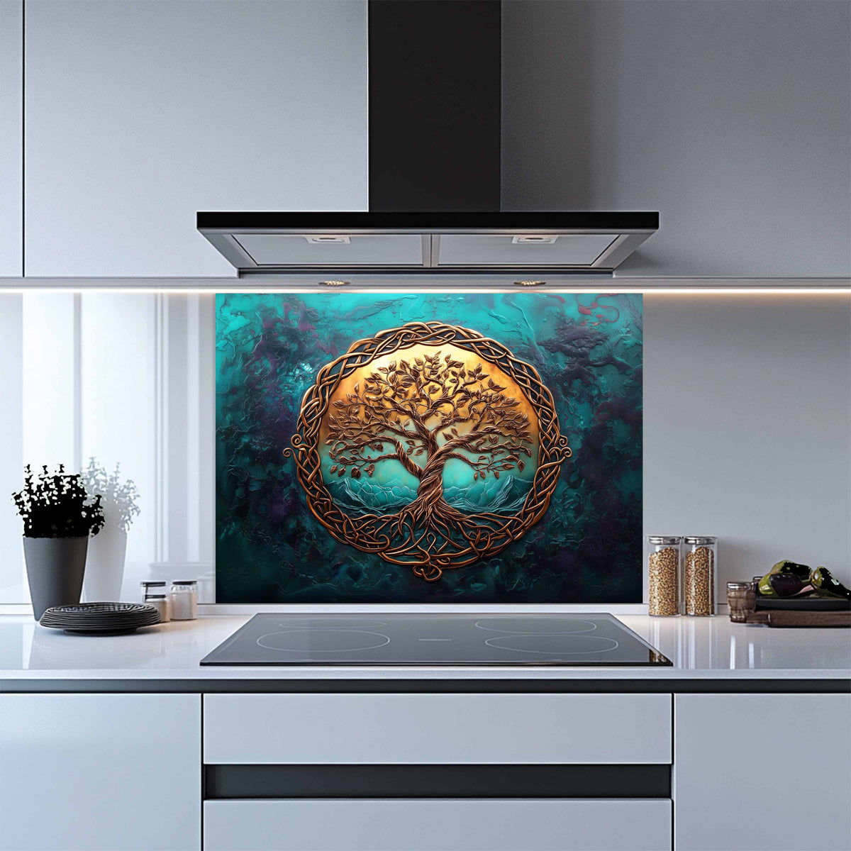 Kitchen with a decorative glass splashback featuring a tree design.