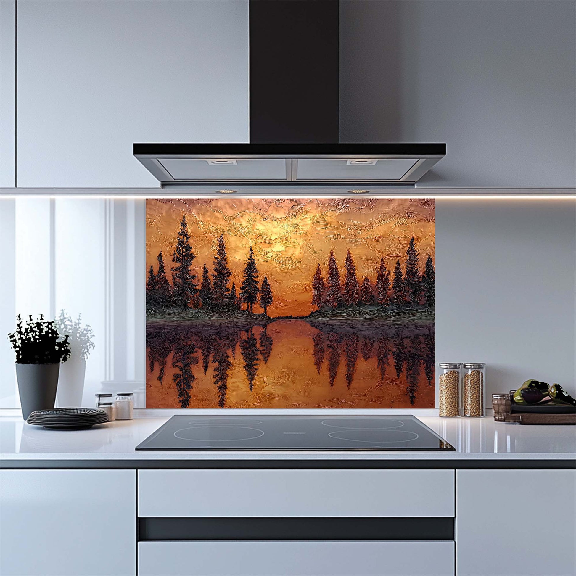 Kitchen with a decorative glass splashback featuring a sunset over water scene.
