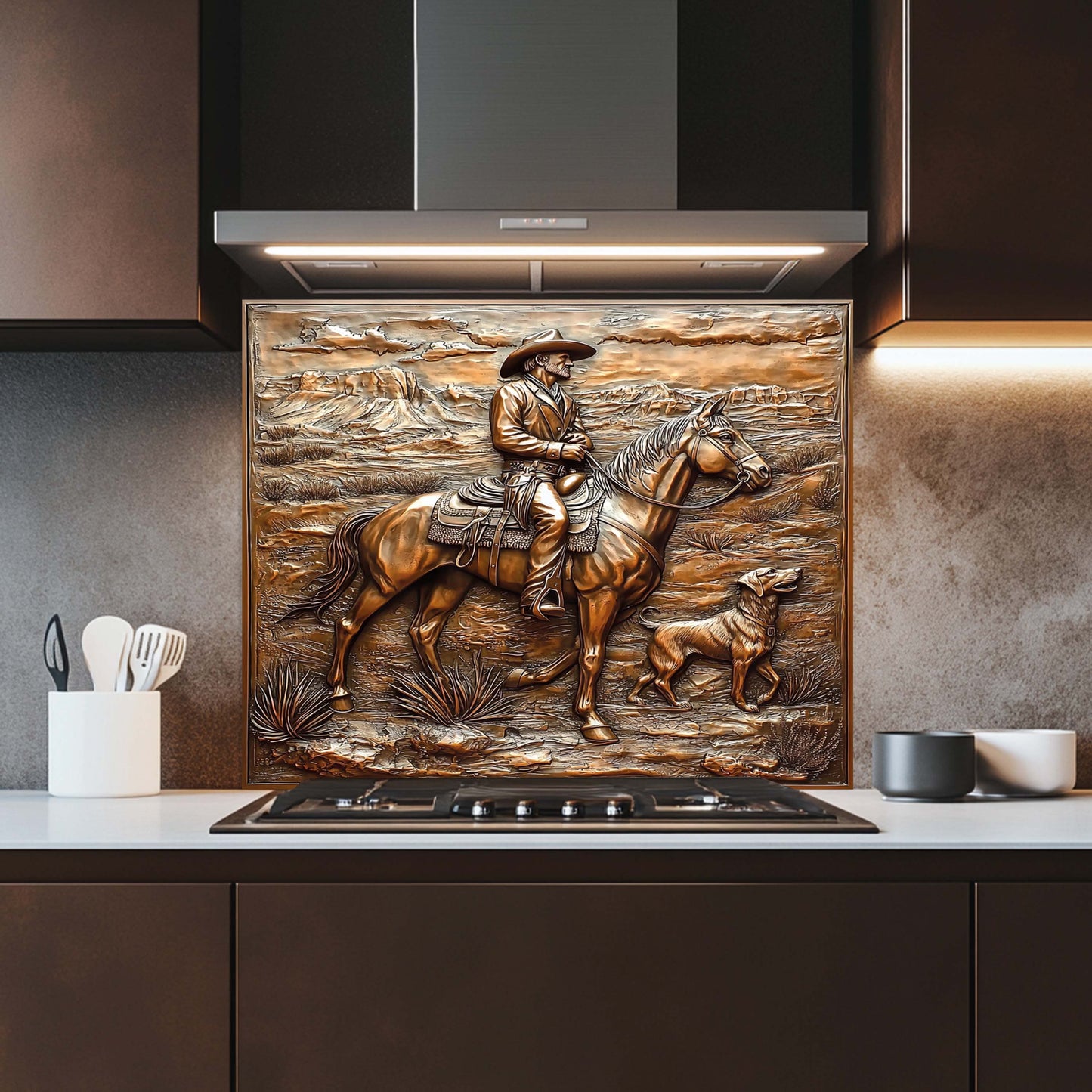 Decorative backsplash with a cowboy and horse design in a kitchen.