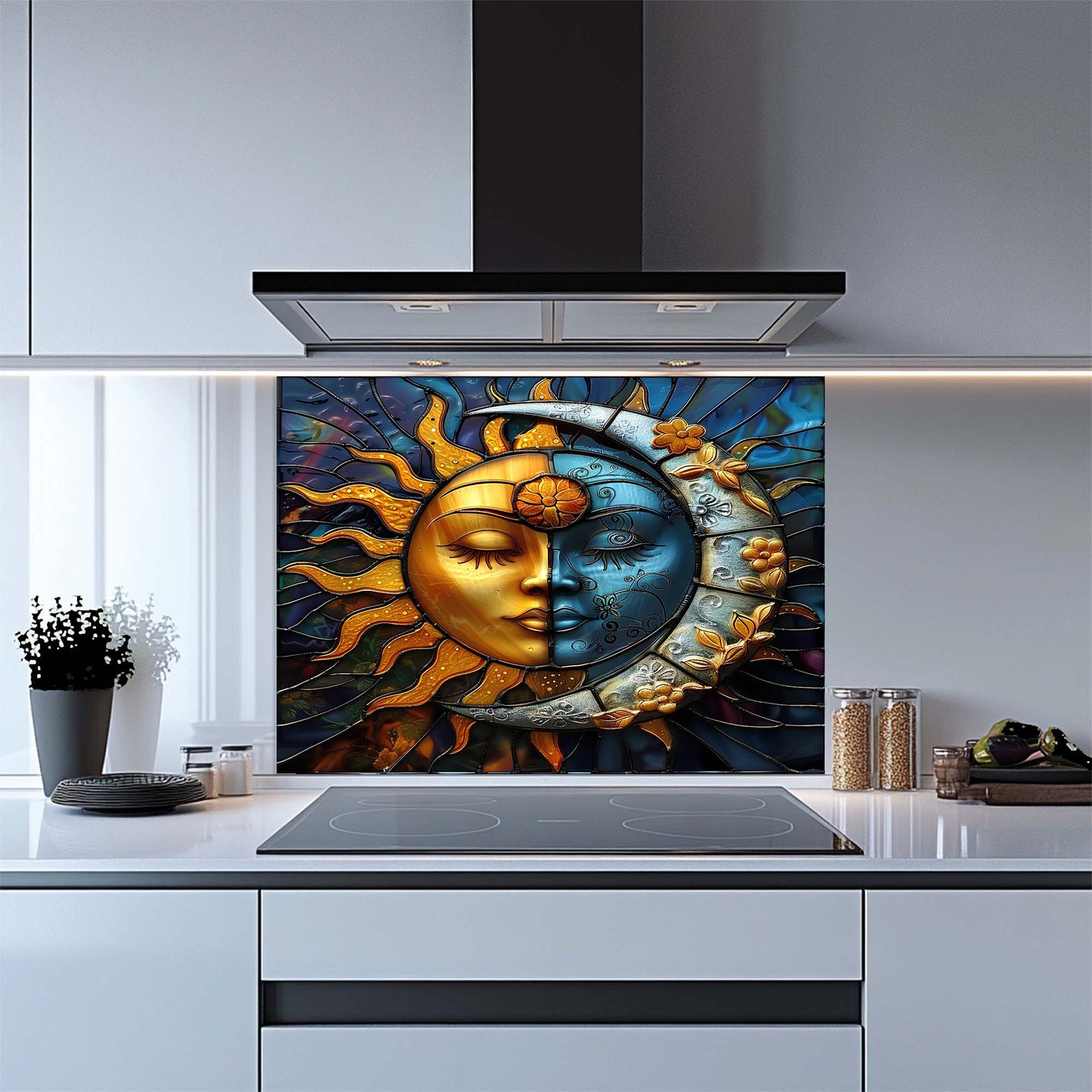 Decorative sun and moon design on a kitchen backsplash