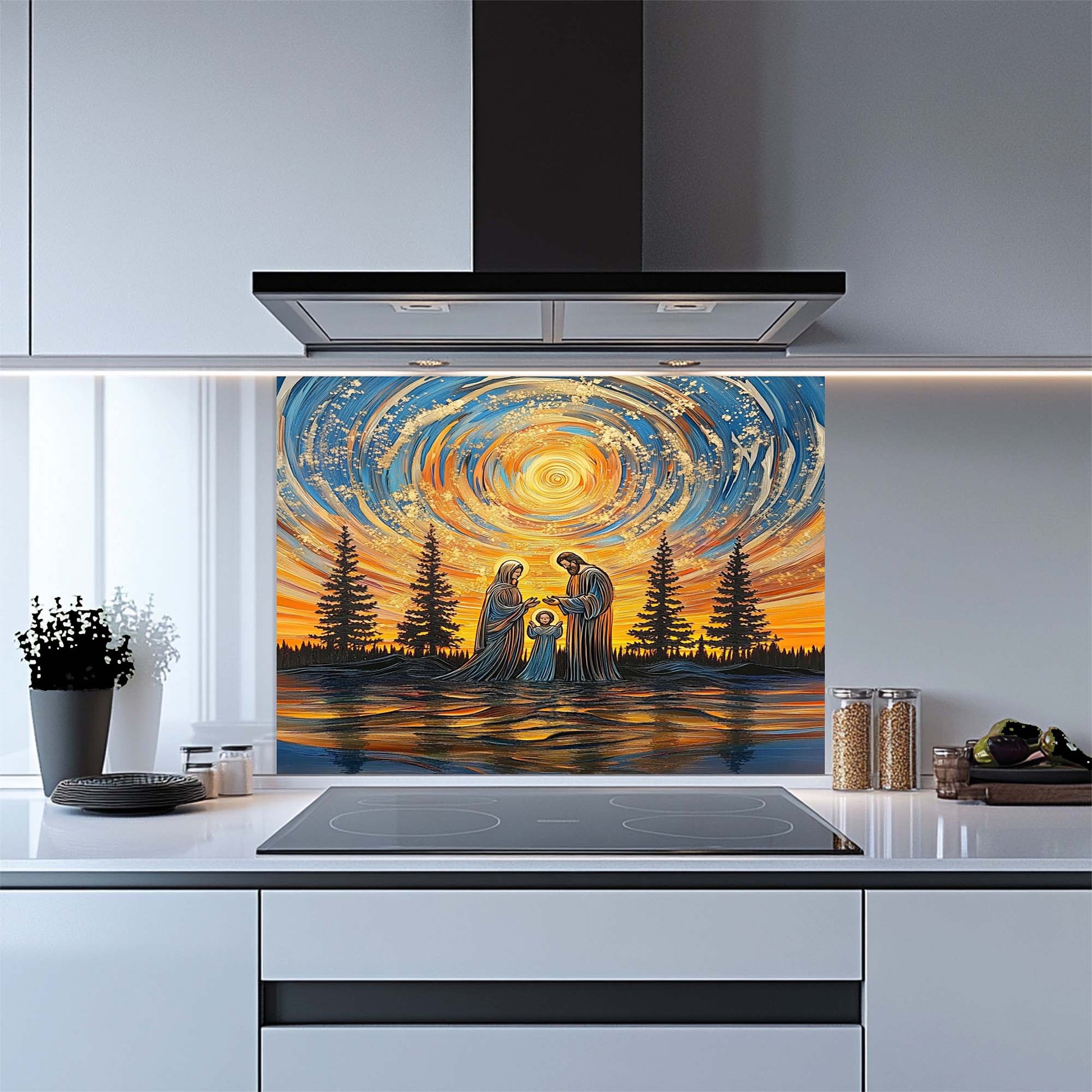 Kitchen with a decorative glass splashback featuring a celestial scene with trees and people.