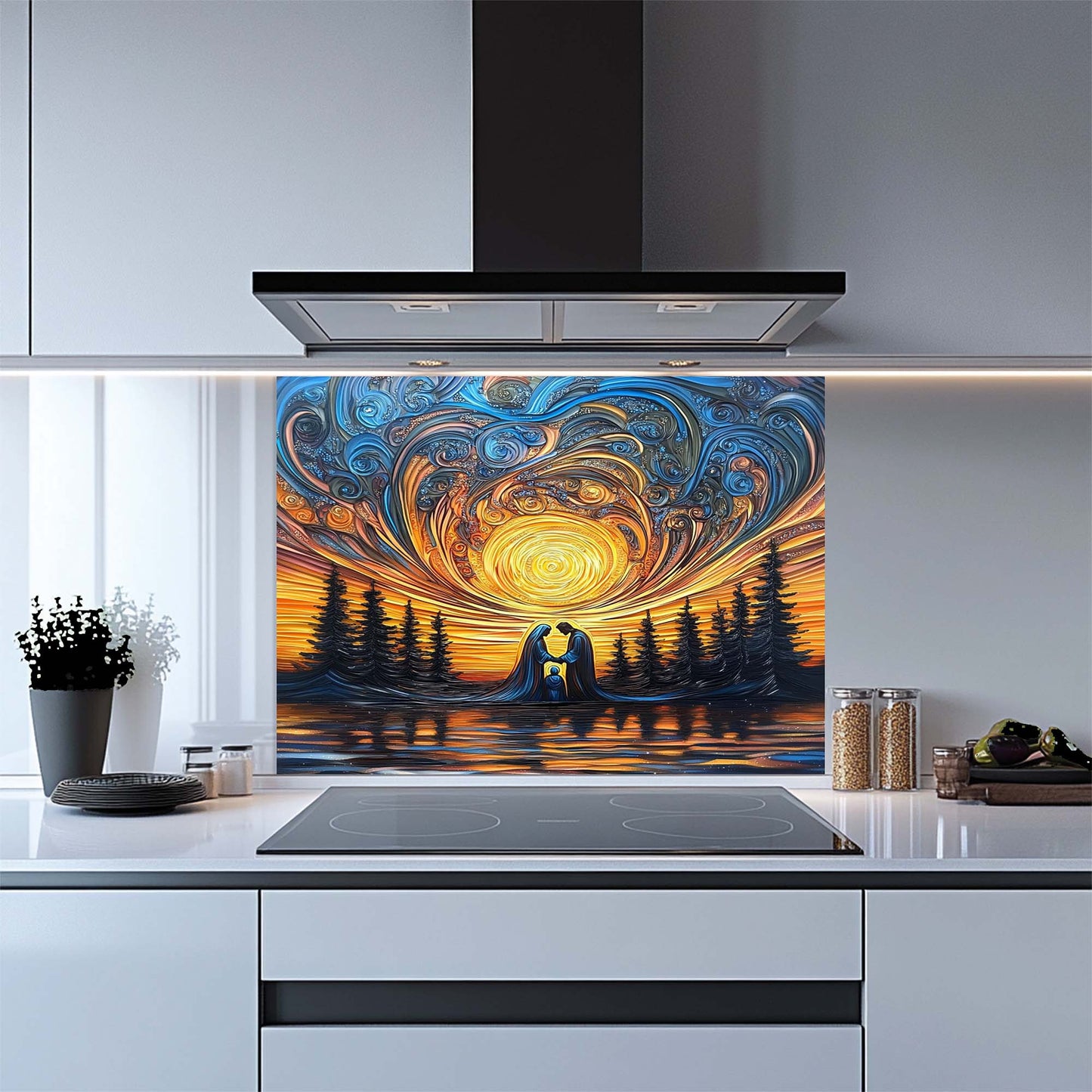 Kitchen with a decorative glass splashback featuring a celestial design.