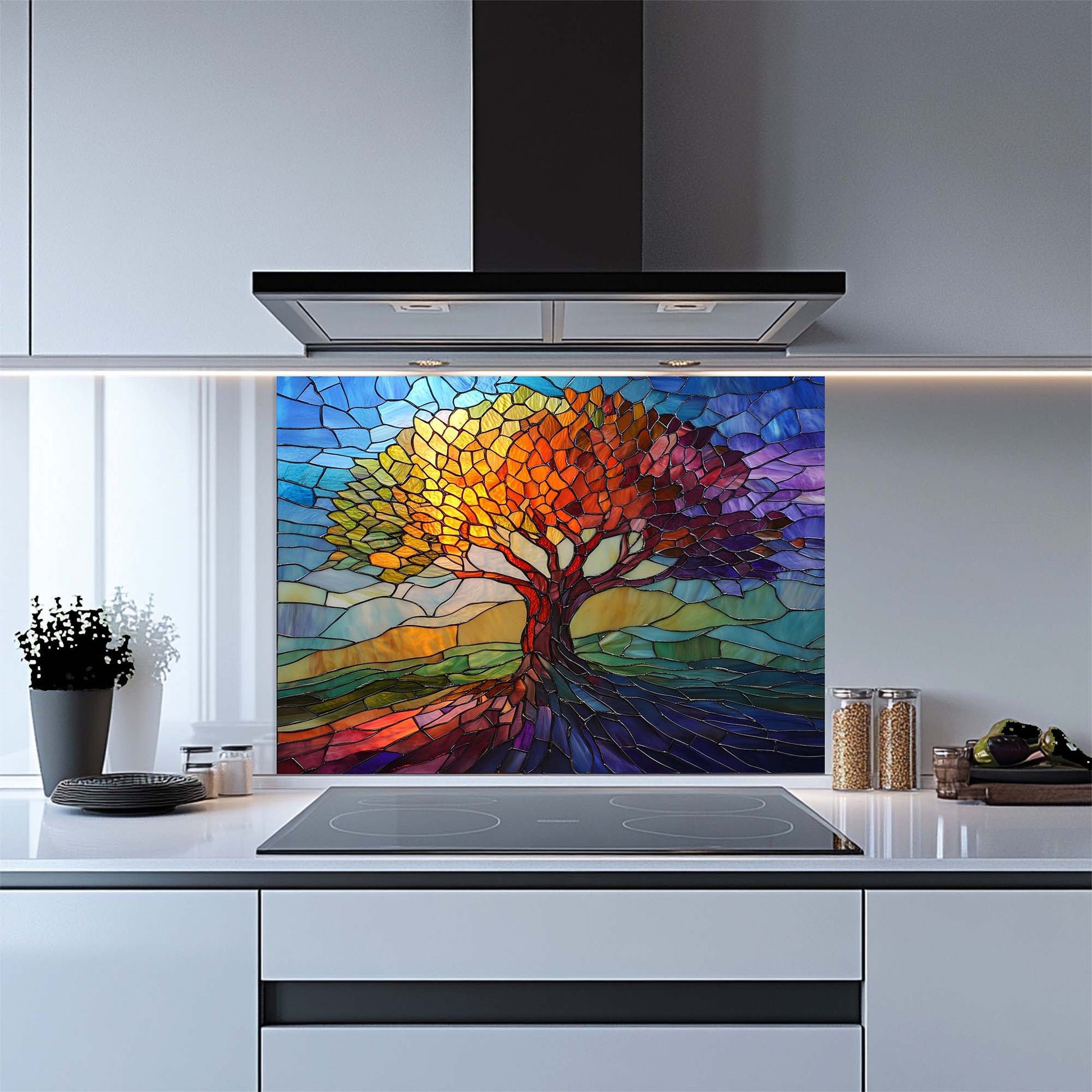 Colorful stained glass tree design on a kitchen glass backsplash