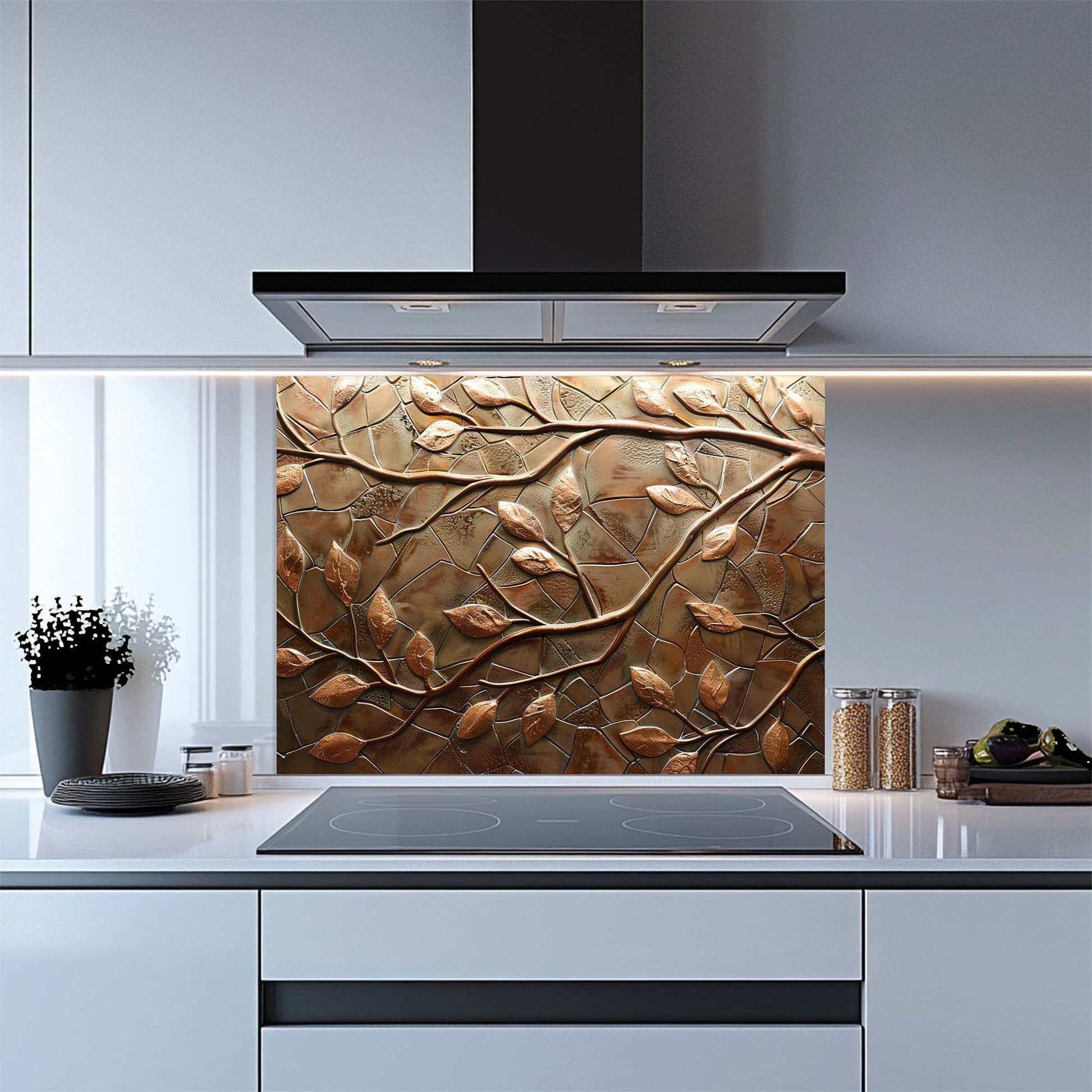 Kitchen with decorative glass splashback featuring leaf design