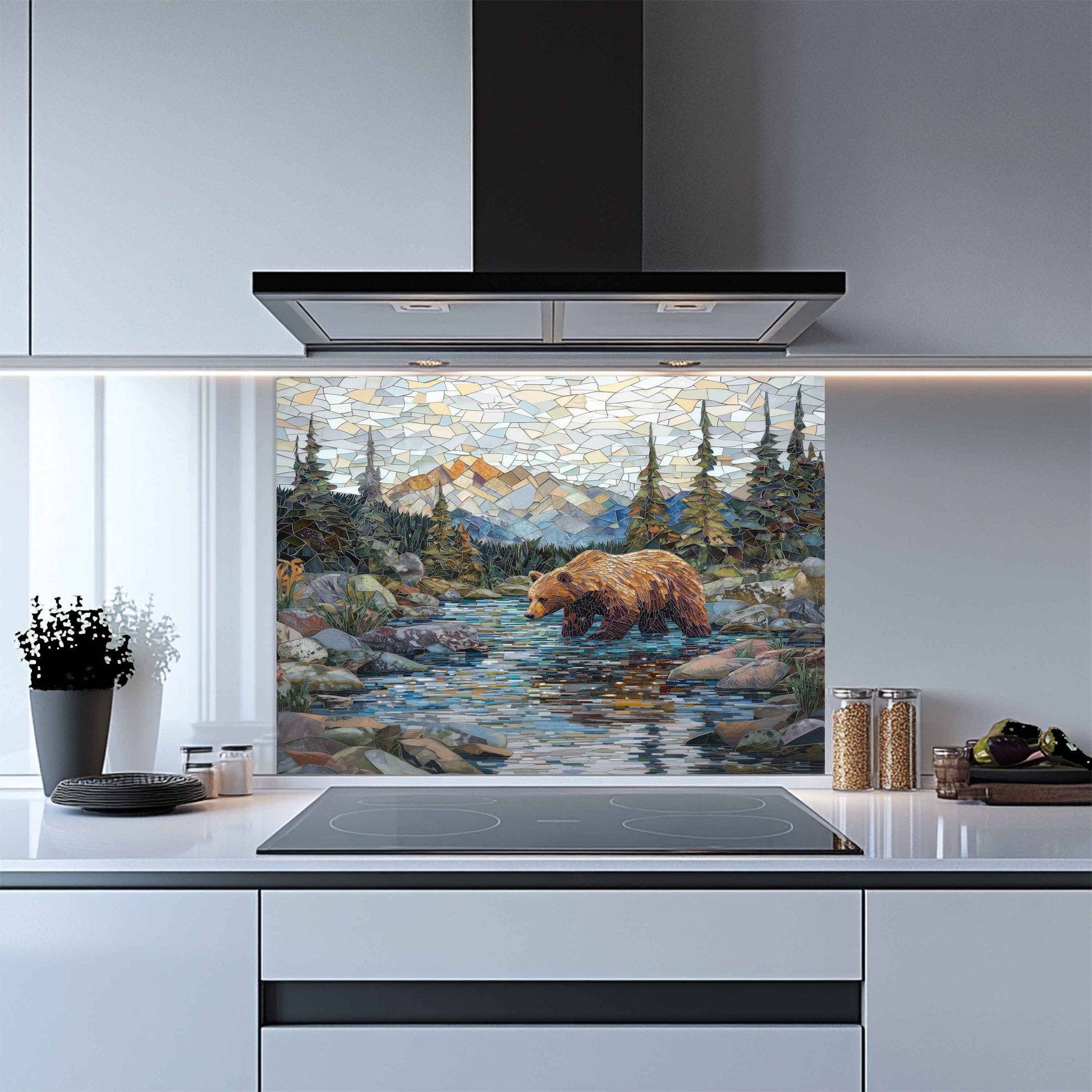 Kitchen with a decorative glass splashback featuring a bear and nature scene.