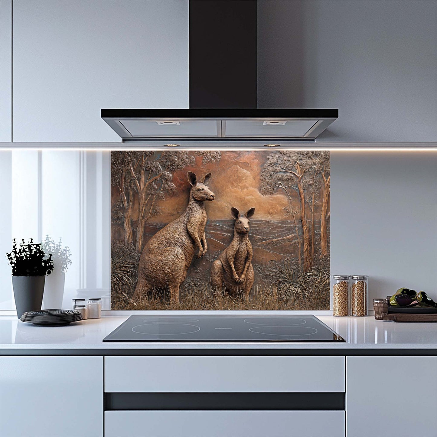 Kitchen with a decorative glass backsplash featuring kangaroos.