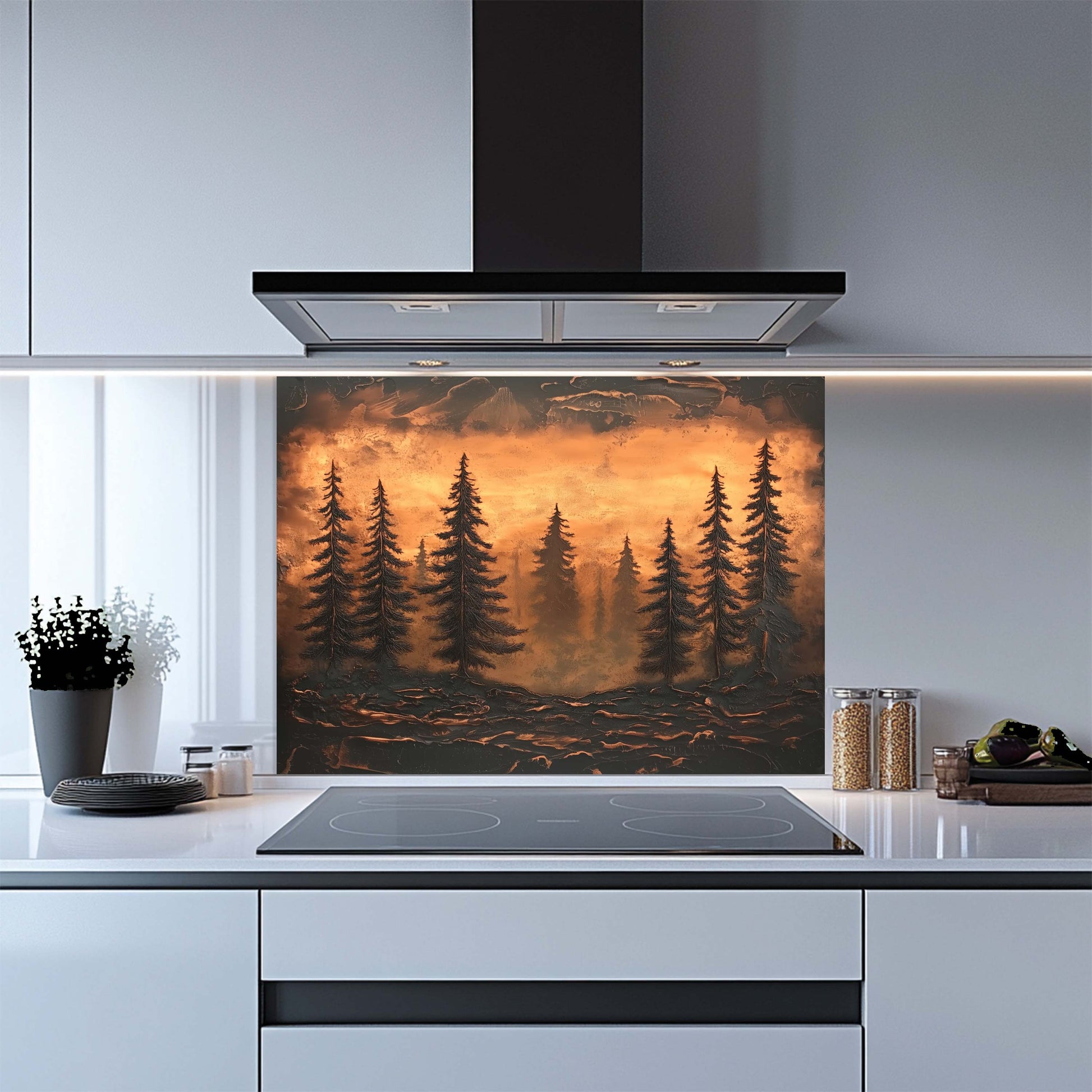 Kitchen with a decorative glass splashback featuring a forest scene.