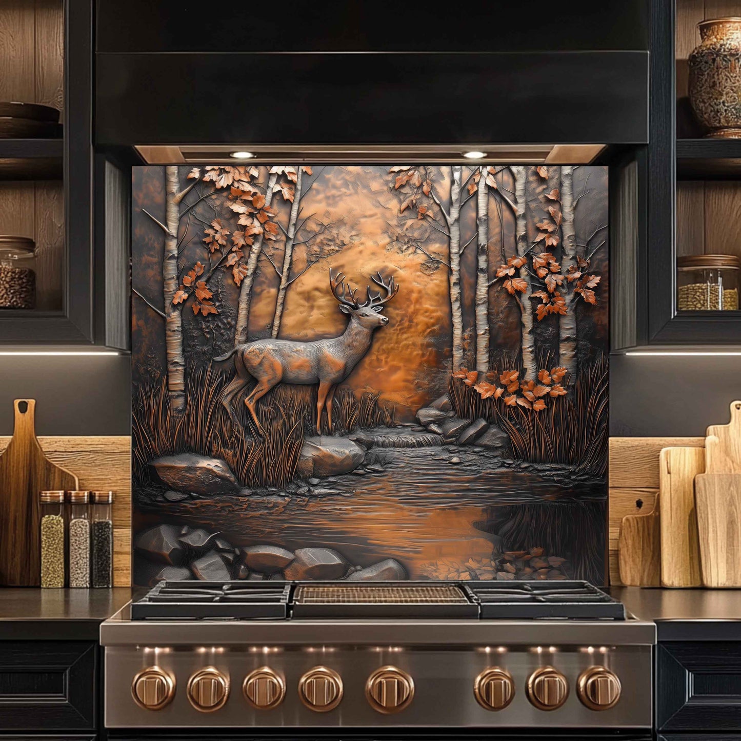 Stainless steel stove with decorative kitchen backsplash of a deer in a forest