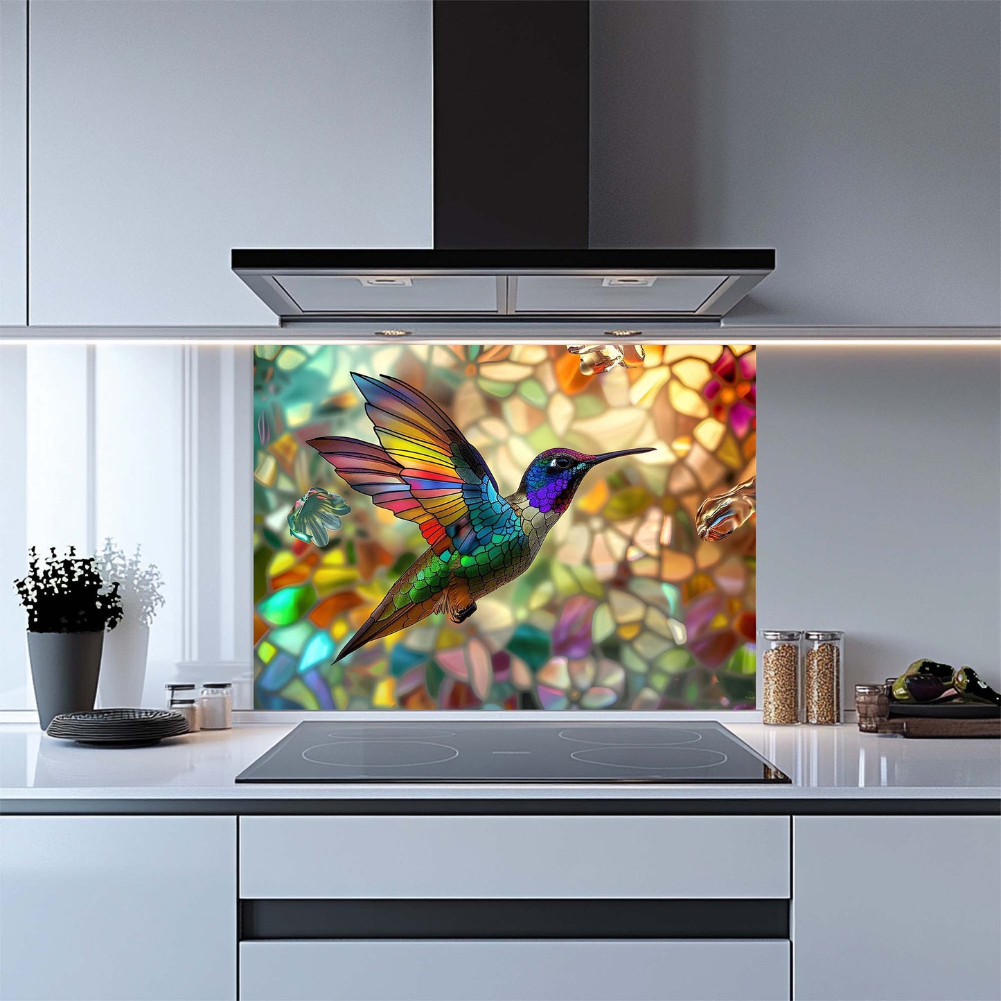 Kitchen with a colorful hummingbird design on a glass splashback