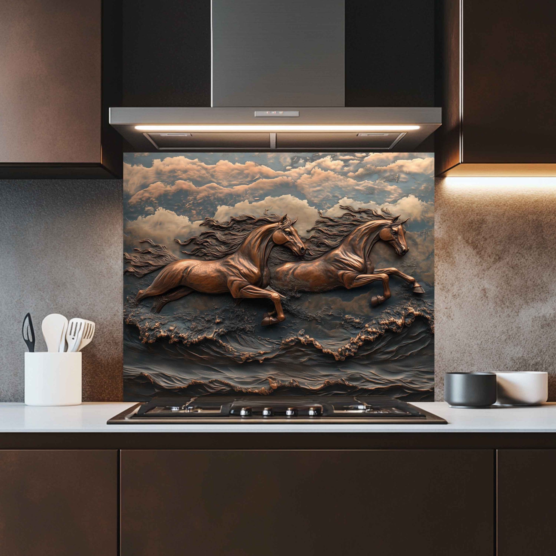 Kitchen with a decorative backsplash featuring two horses running, above a stove.