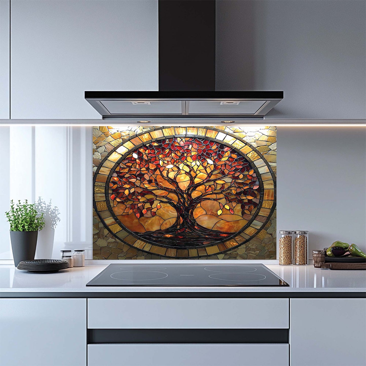 Kitchen with a decorative glass splashback featuring a tree design.