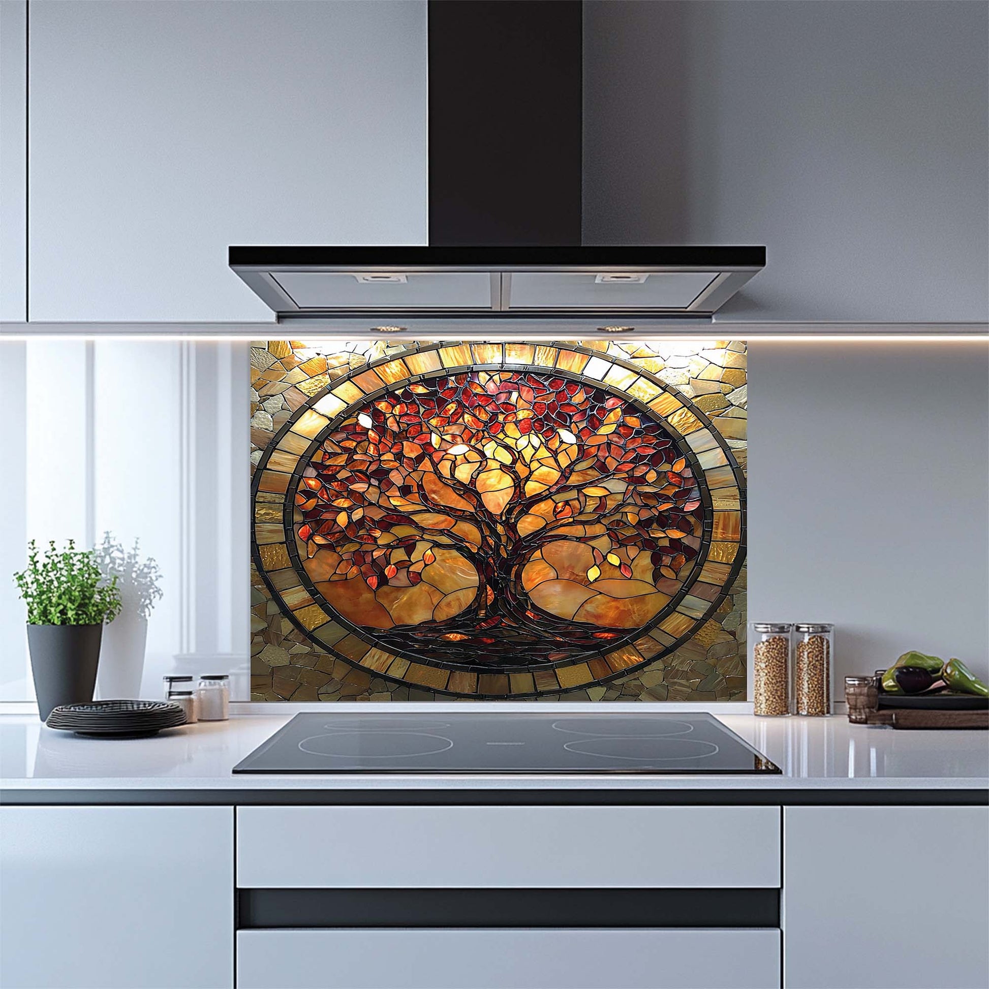 Kitchen with a decorative glass splashback featuring a tree design.