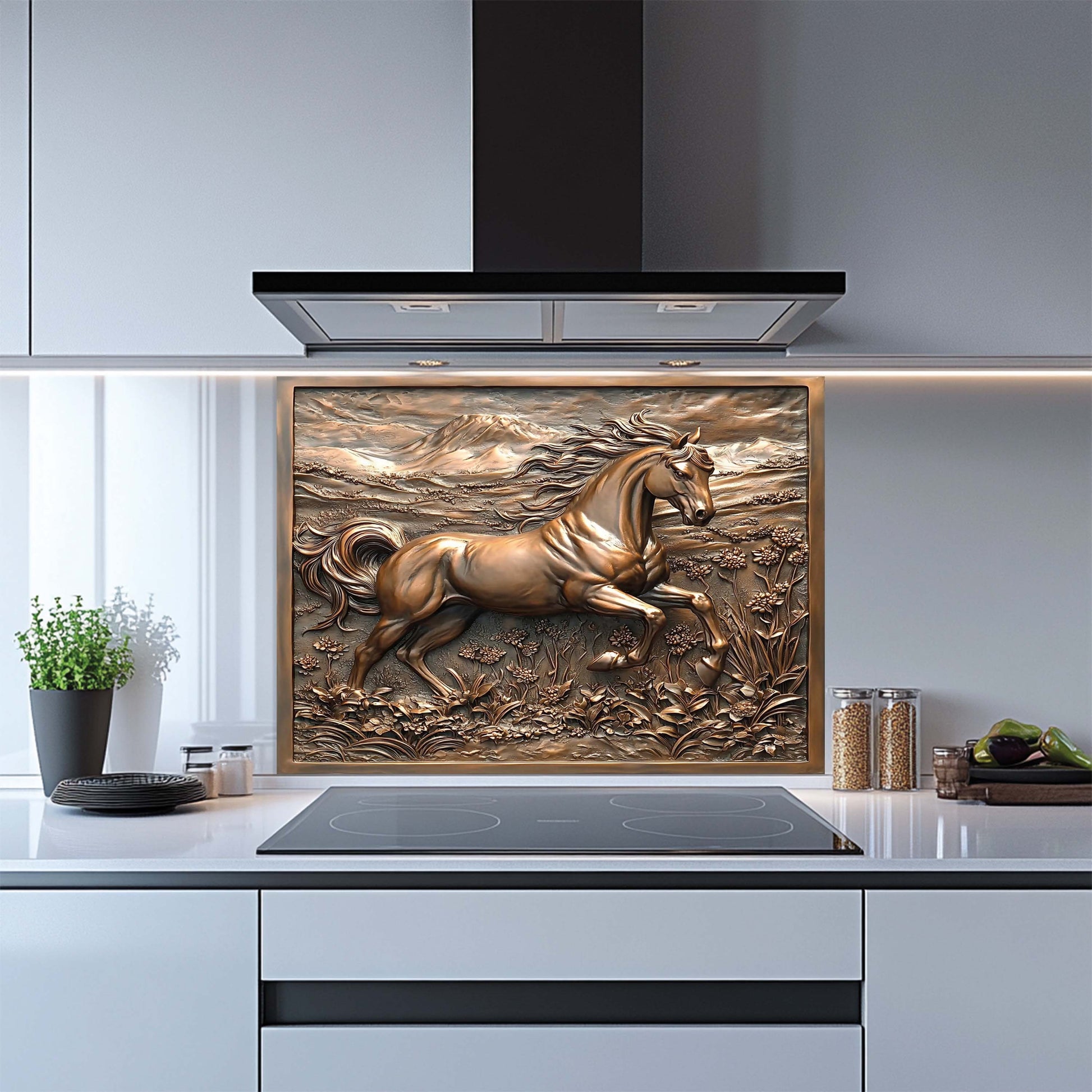 Bronze horse sculpture on a kitchen backsplash with modern cabinetry and appliances.