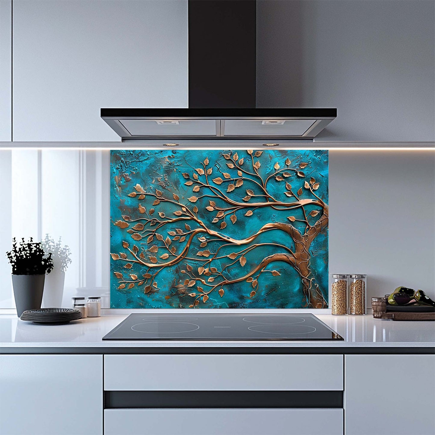 Kitchen with a decorative glass splashback featuring a tree design.