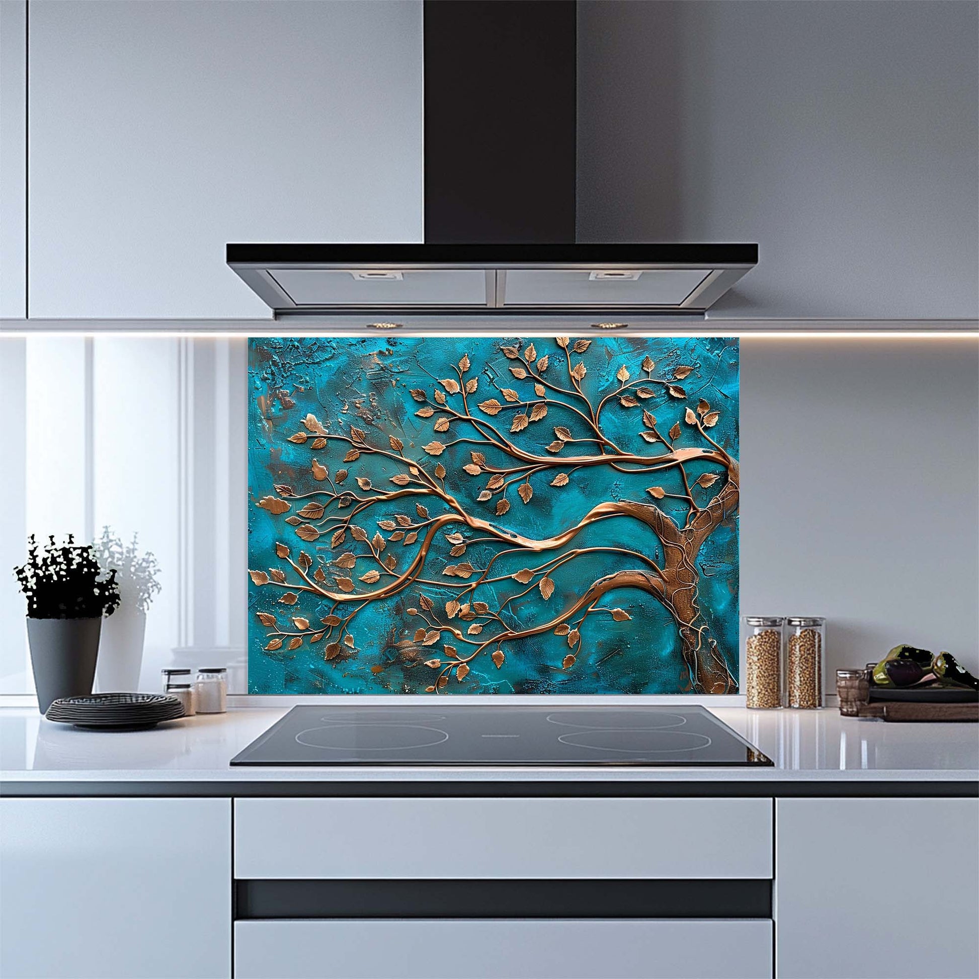 Kitchen with a decorative glass splashback featuring a tree design.