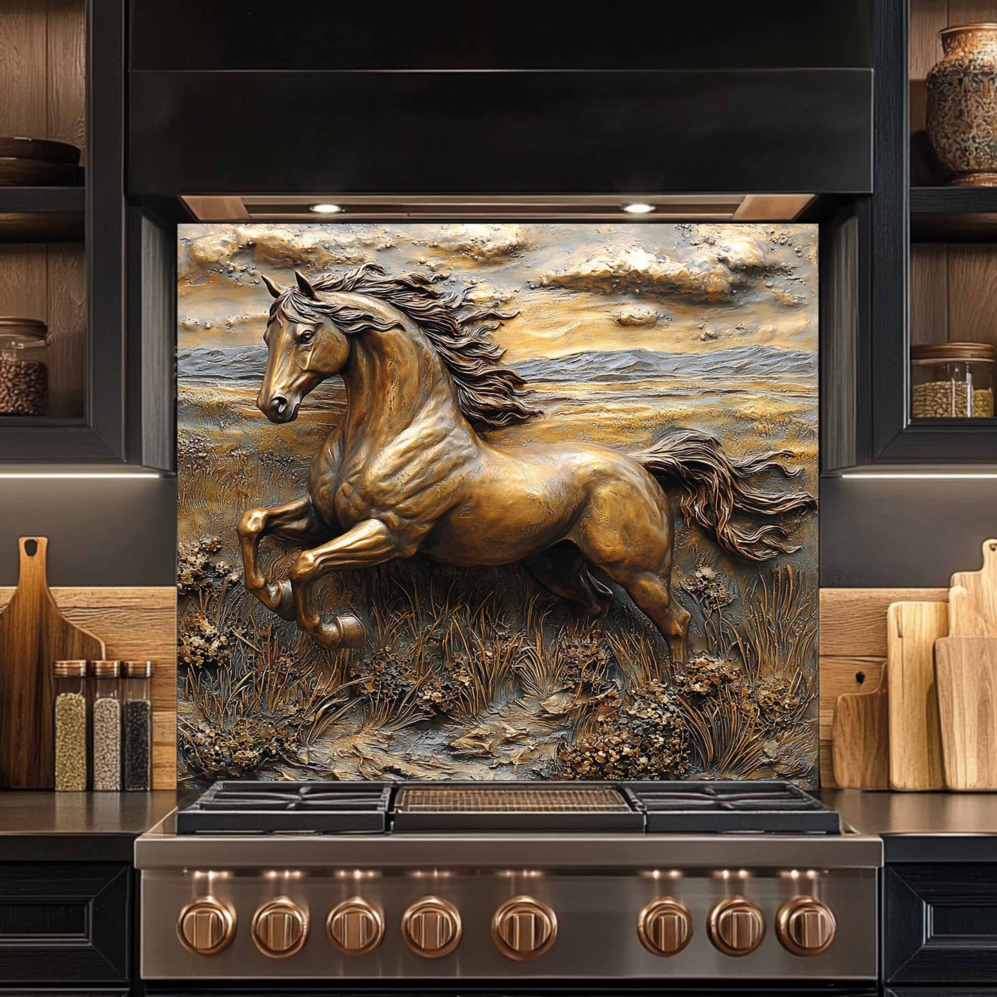 Stainless steel stove with a decorative glass backsplash featuring a horse in a natural setting.