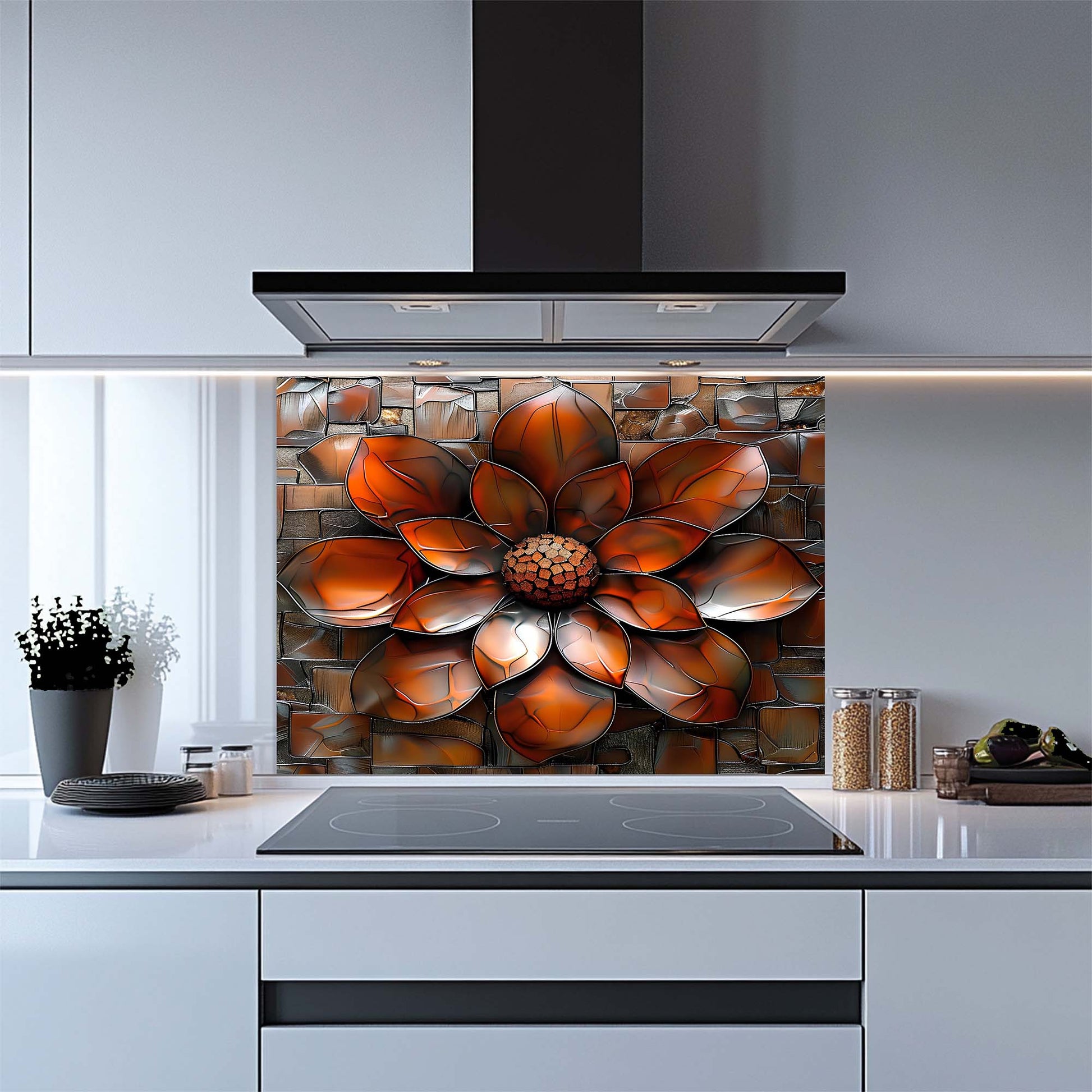 Kitchen with a decorative glass splashback featuring a large flower design.