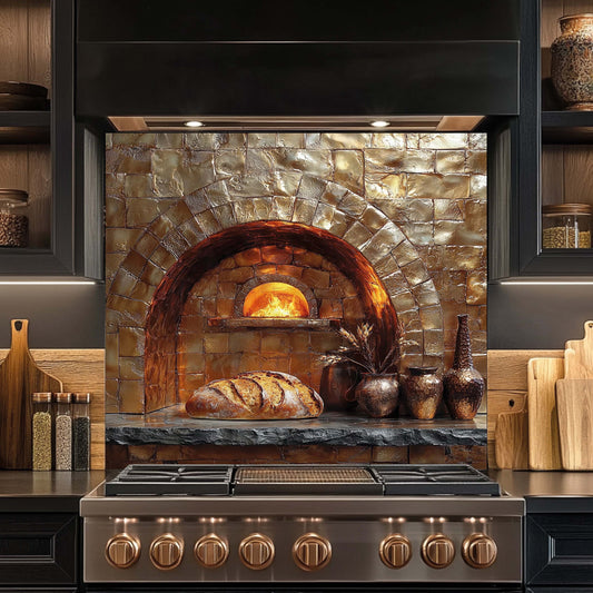 Stainless steel stove with a decorative stone oven backsplash featuring bread and potted plants.