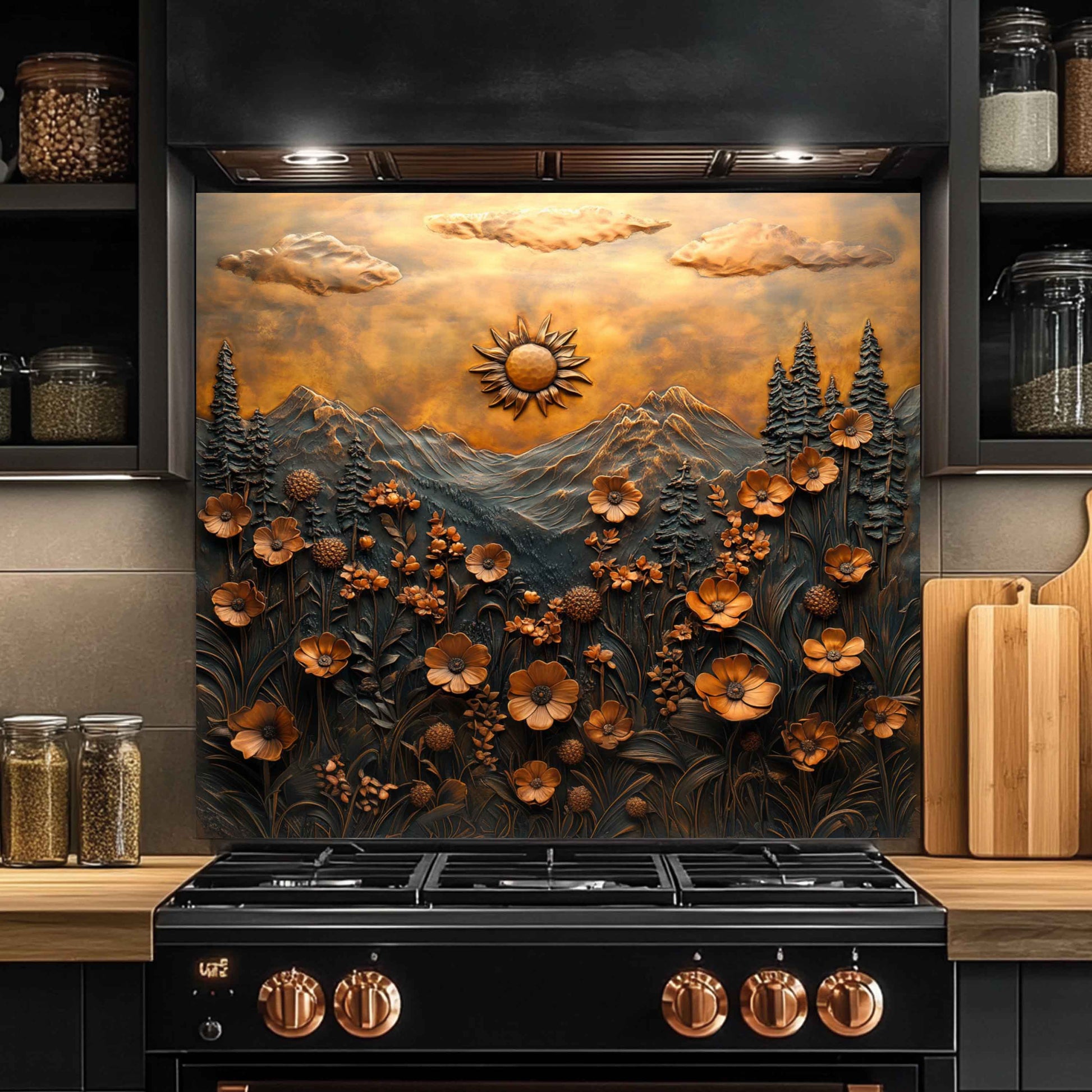 Decorative backsplash with mountain and floral design above a black stove in a kitchen.