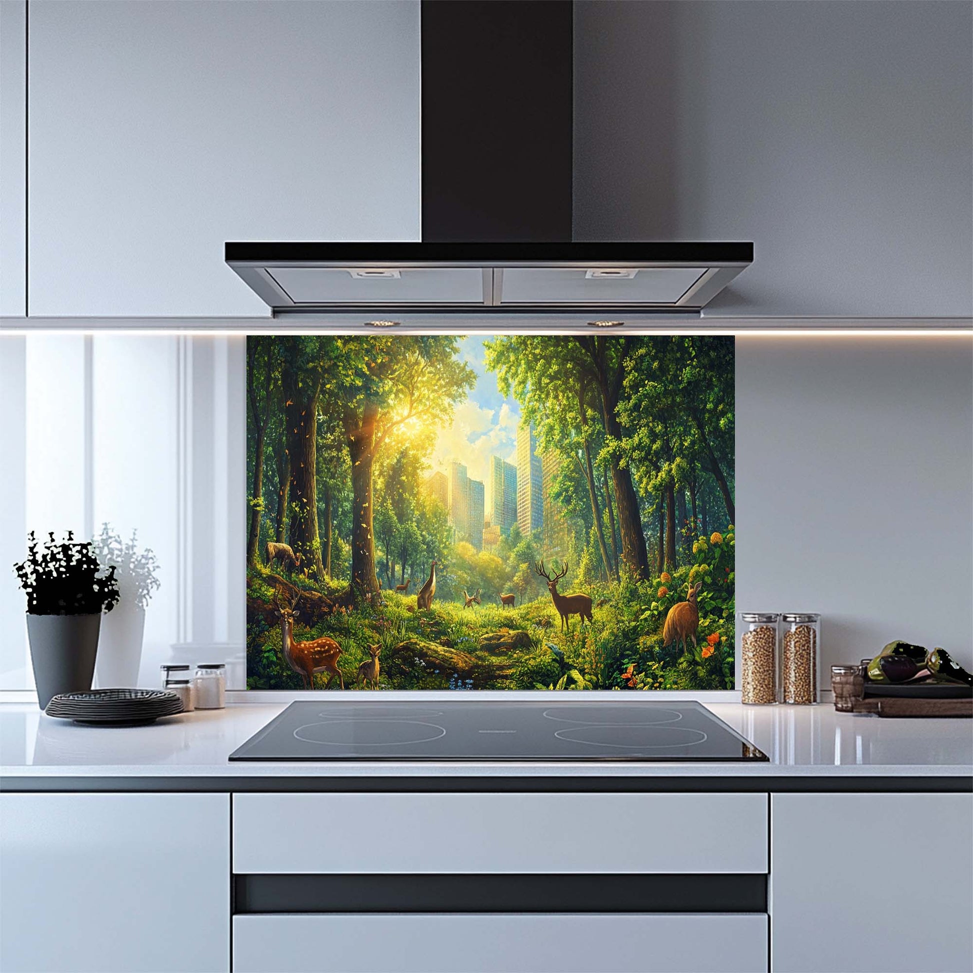 Kitchen with a forest scene glass backsplash